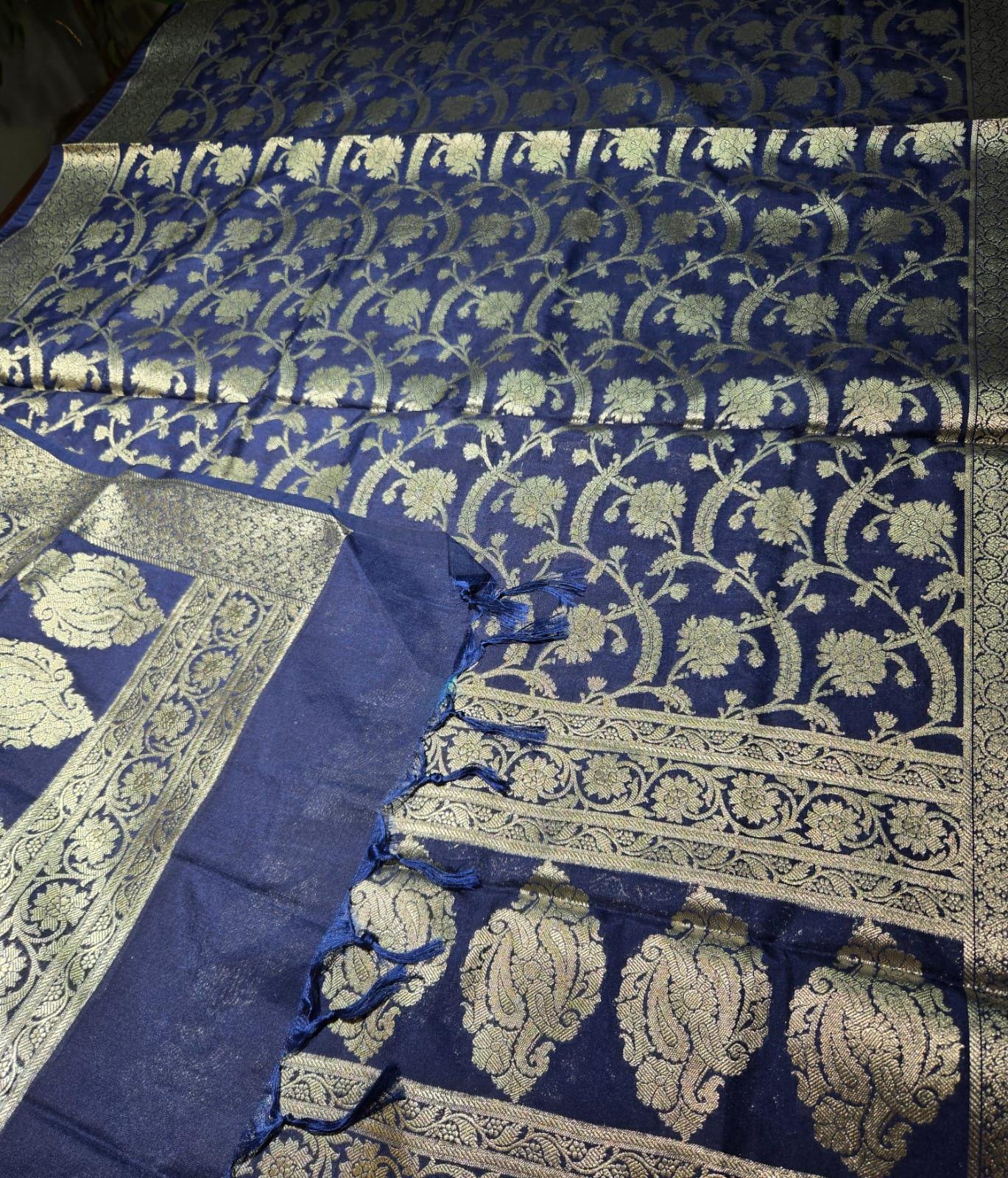 Royal Blue Banarasi Silk Dupatta | Silver Zari Floral Weave, Indian Ethnic Wear