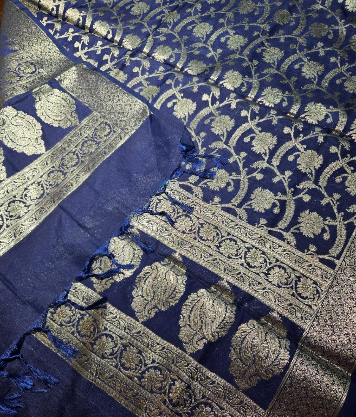 Royal Blue Banarasi Silk Dupatta | Silver Zari Floral Weave, Indian Ethnic Wear