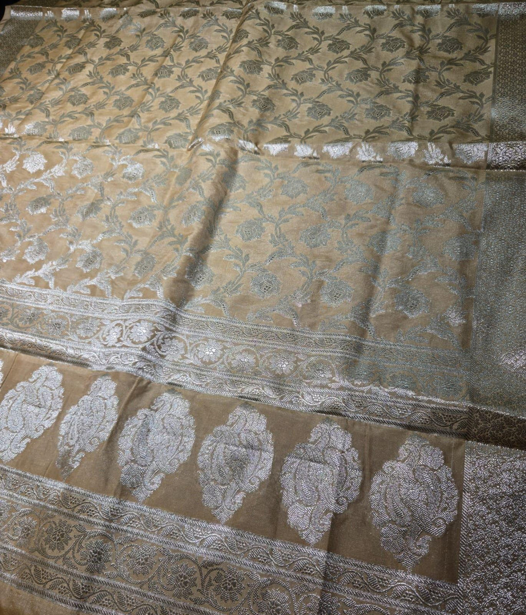 Golden Banarasi Silk Dupatta | Silver Zari Floral Weave, Indian Ethnic Wear