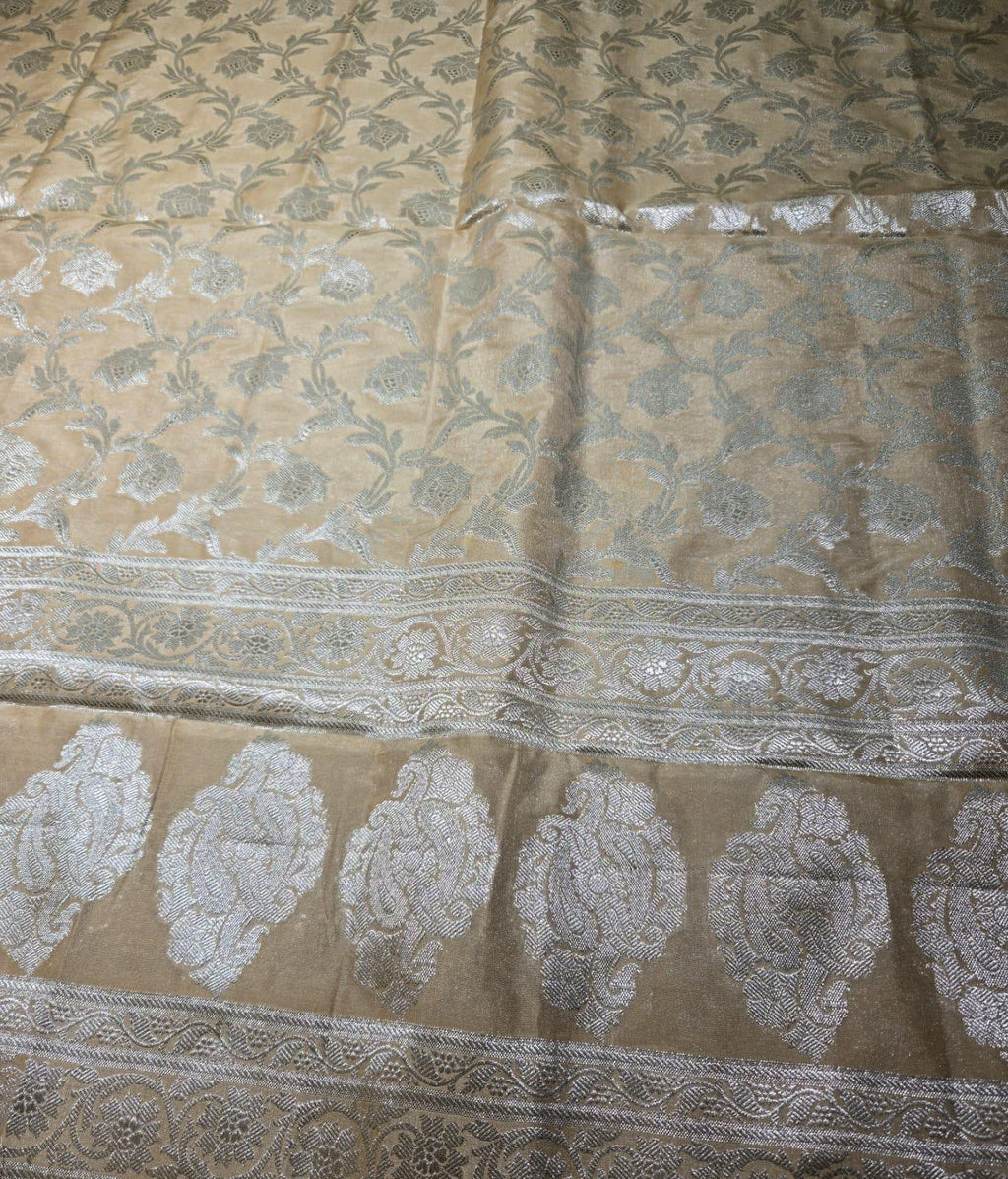 Golden Banarasi Silk Dupatta | Silver Zari Floral Weave, Indian Ethnic Wear