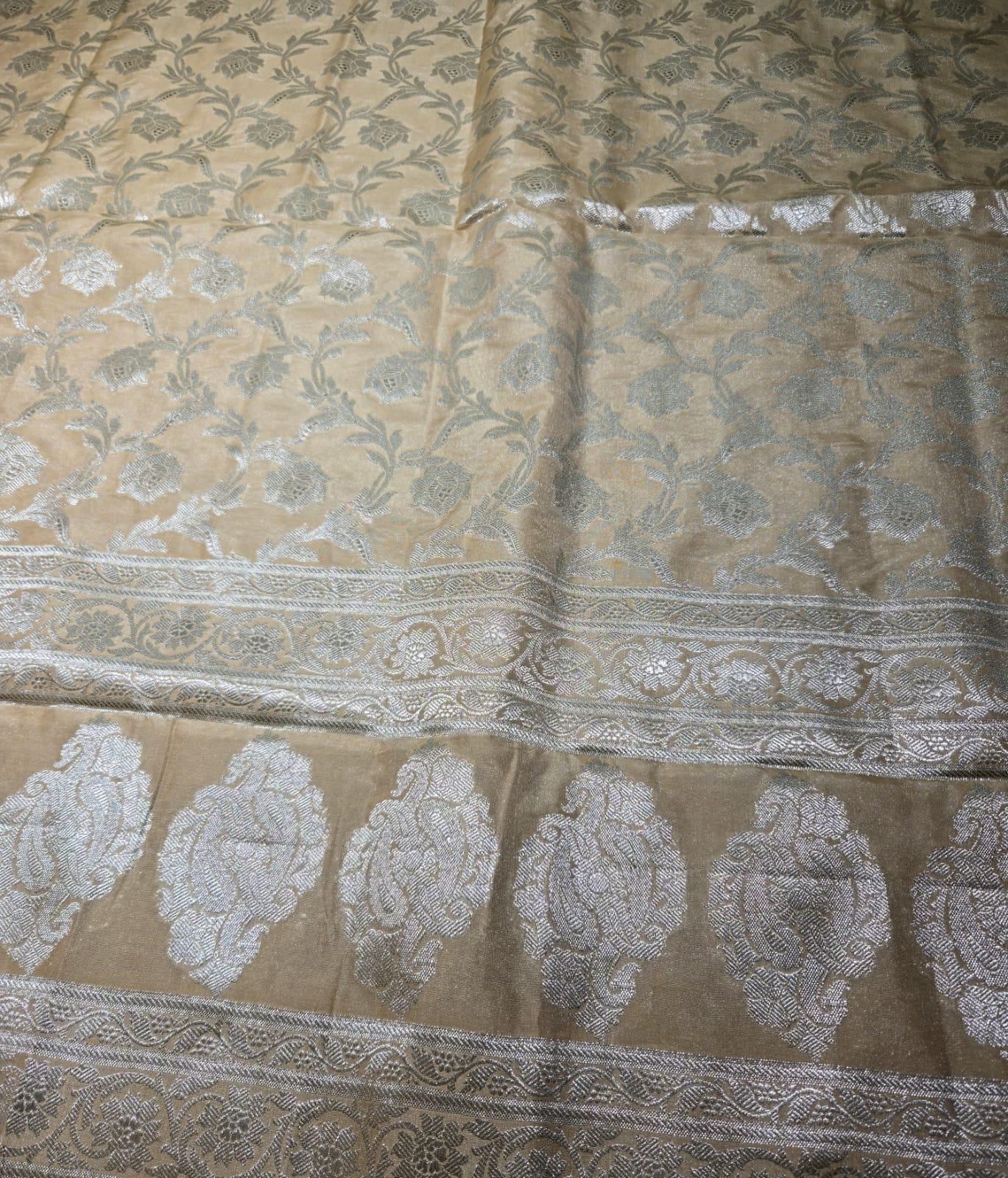 Golden Banarasi Silk Dupatta | Silver Zari Floral Weave, Indian Ethnic Wear
