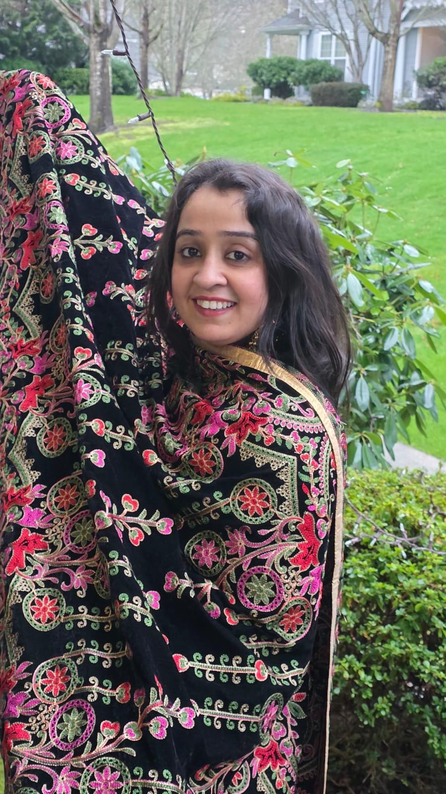 Black velvet Handmade , Handwoven , Elegant vibrant & Authentic Multicolour Phulkari Dupatta / Indian Scarf. Hand embroidered
