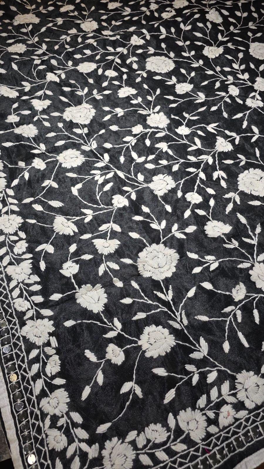Black Kantha work Dupatta with Mirror Work | Indian Ethnic Dupatta | Festive Wedding Dupatta | Traditional Indian Scarf