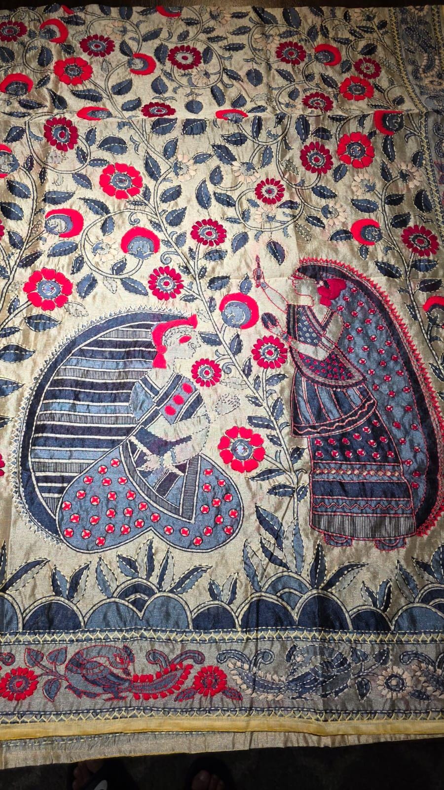 Multi colour Kantha work Dupatta with Mirror Work | Indian Ethnic Dupatta | Festive Wedding Dupatta | Traditional Indian Scarf