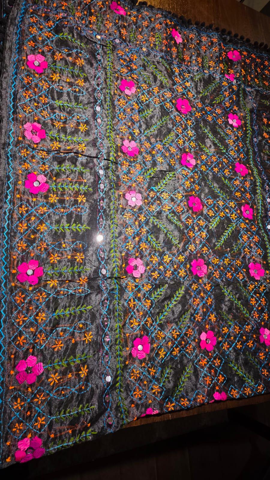 Black Kantha work Dupatta with Mirror Work | Indian Ethnic Dupatta | Festive Wedding Dupatta | Traditional Indian Scarf