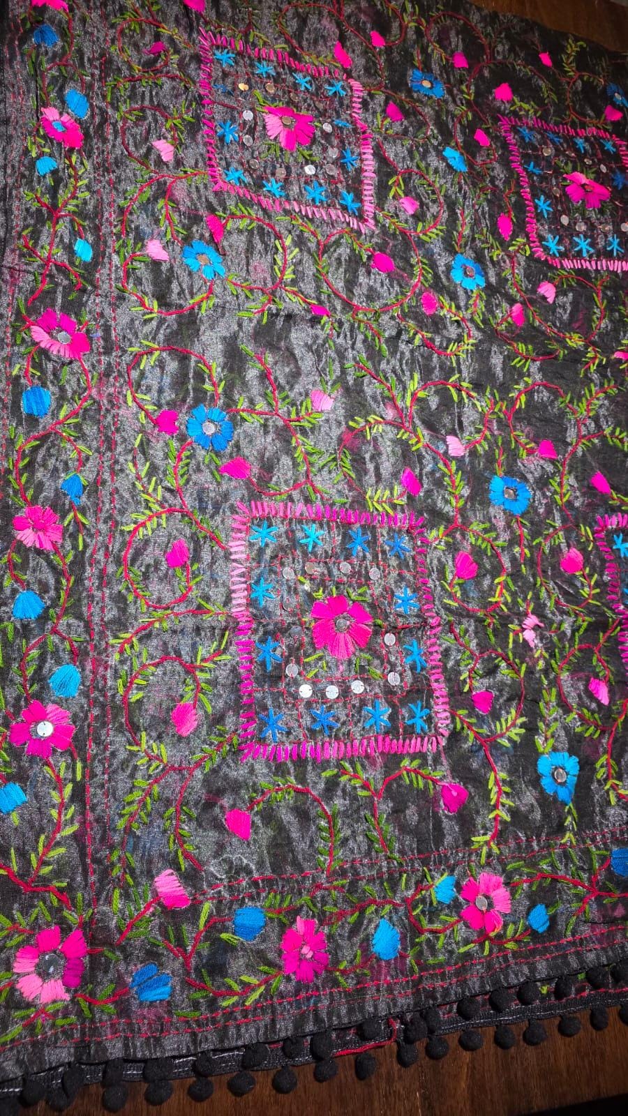Black Kantha work Dupatta with Mirror Work | Indian Ethnic Dupatta | Festive Wedding Dupatta | Traditional Indian Scarf