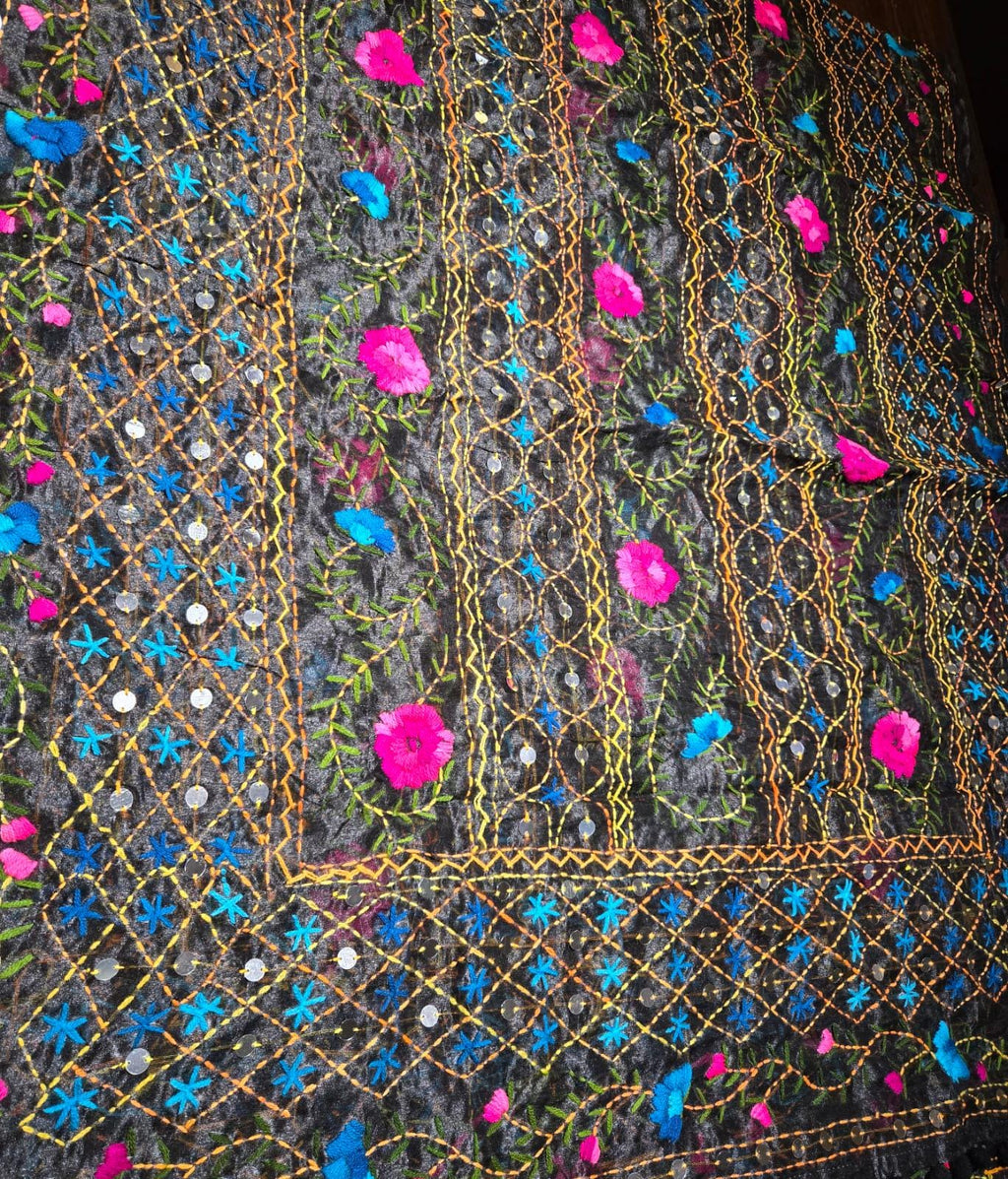 Black Kantha work Dupatta with Mirror Work | Indian Ethnic Dupatta | Festive Wedding Dupatta | Traditional Indian Scarf