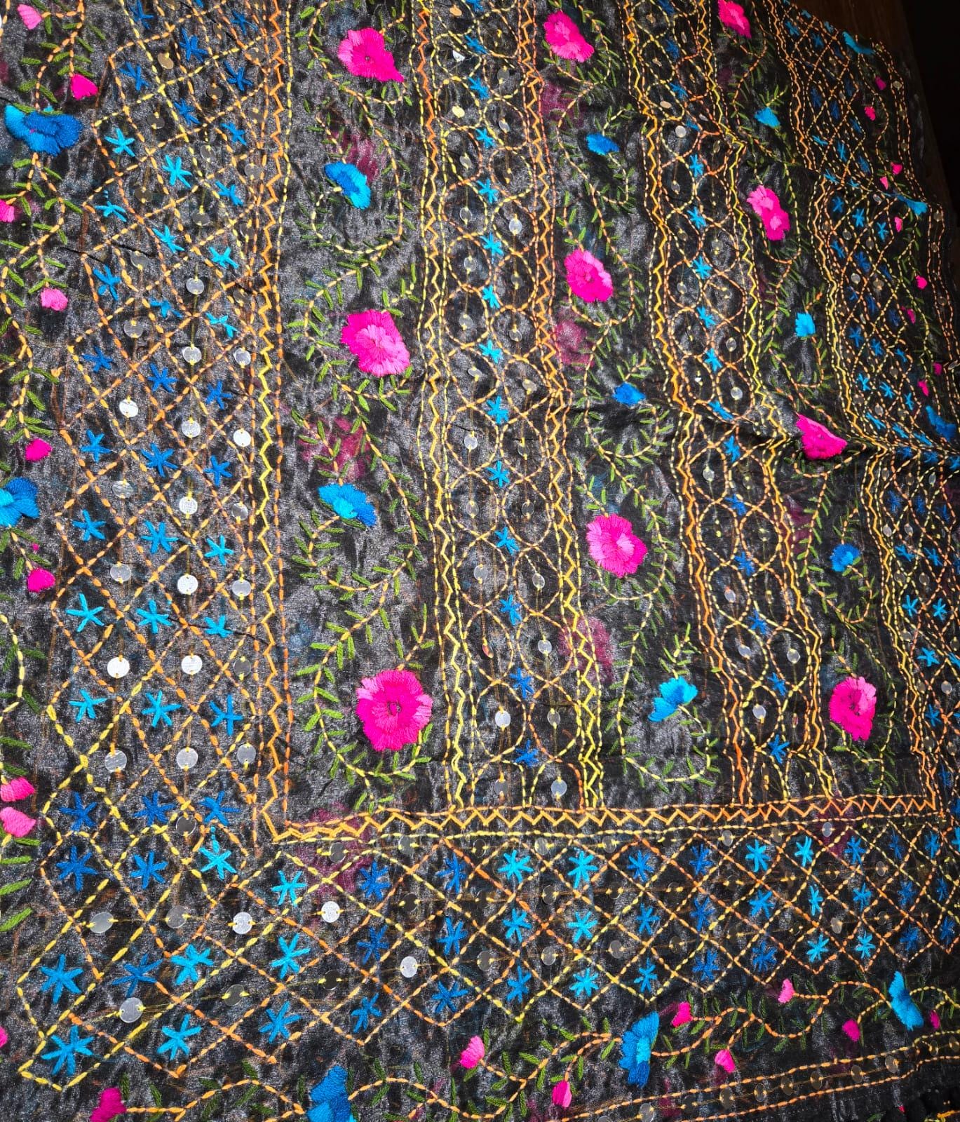 Black Kantha work Dupatta with Mirror Work | Indian Ethnic Dupatta | Festive Wedding Dupatta | Traditional Indian Scarf
