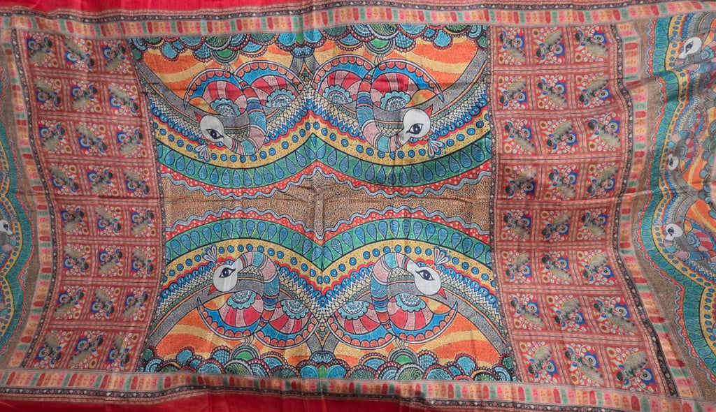 Echoes of the Peacock - Madhubani Art Silk Dupatta
