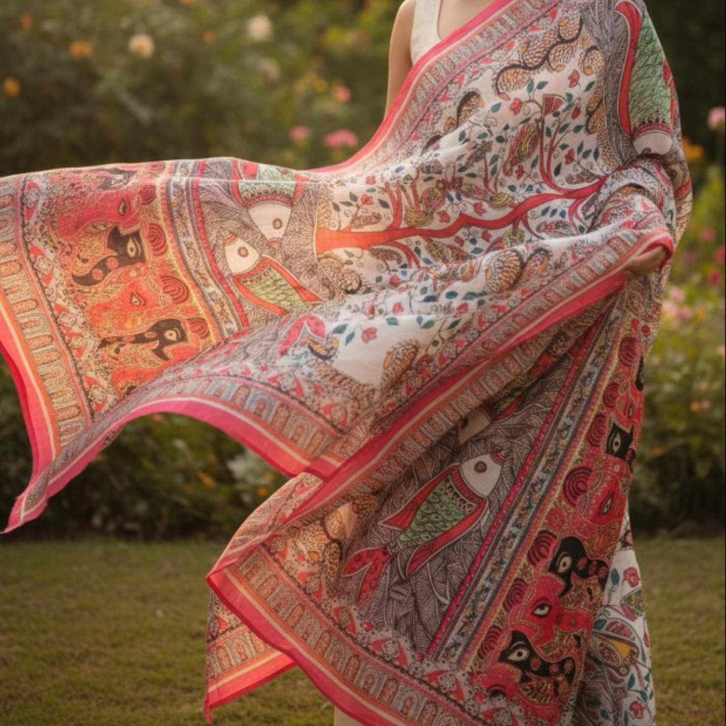 Madhubani Confluence - Art Silk Dupatta