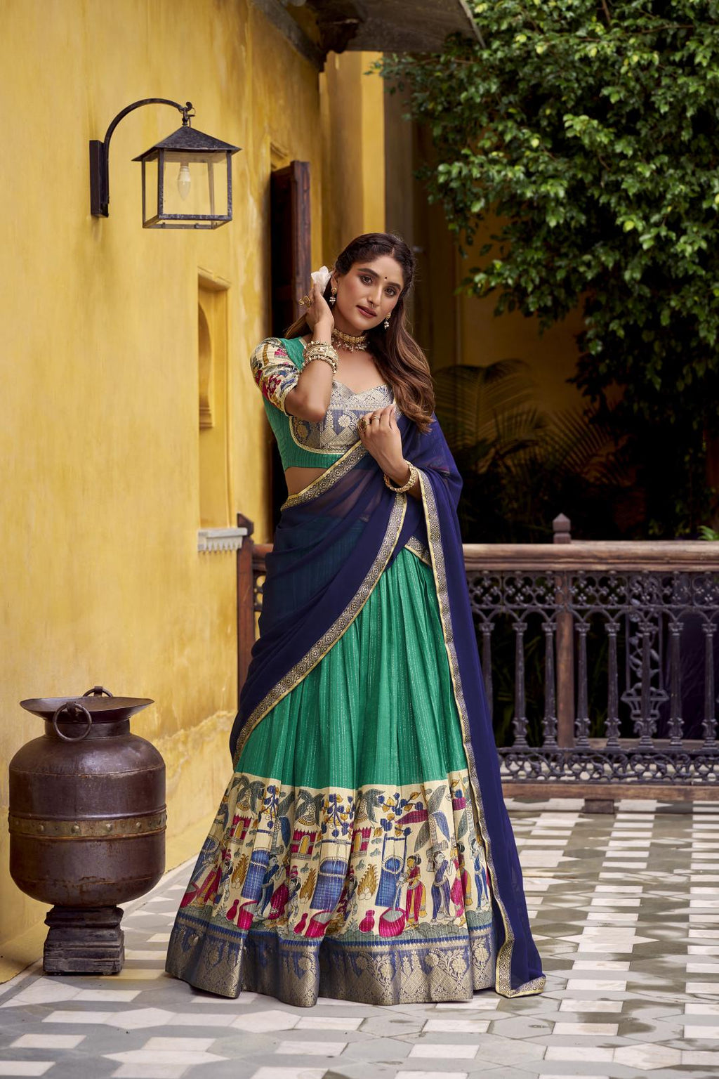 Kalamkari Lehenga Choli Set with Dupatta | Indian Wedding Outfit | Mehendi Sangeet Dress | Traditional Chanderi Ethnic Wear