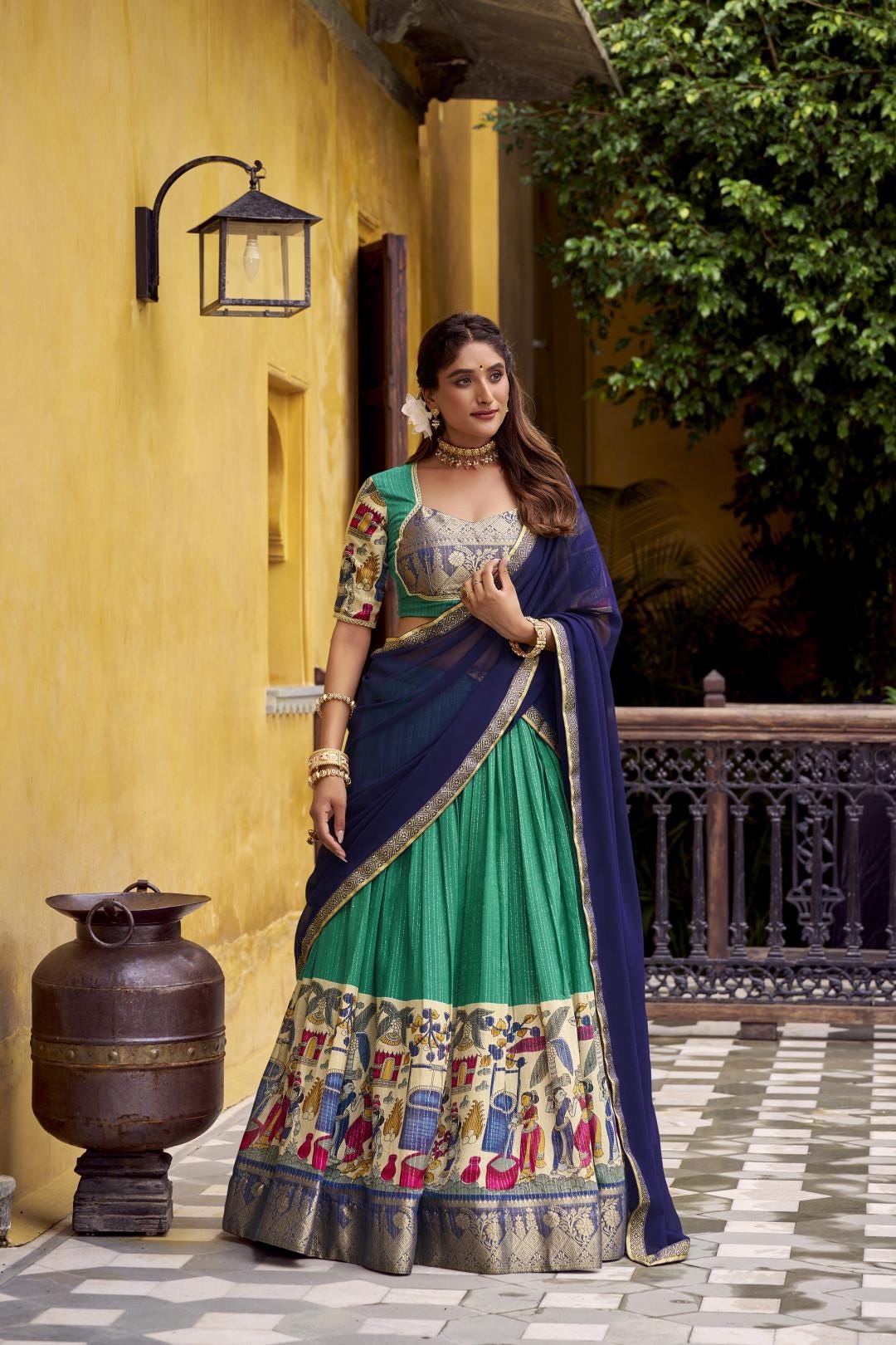 Kalamkari Lehenga Choli Set with Dupatta | Indian Wedding Outfit | Mehendi Sangeet Dress | Traditional Chanderi Ethnic Wear