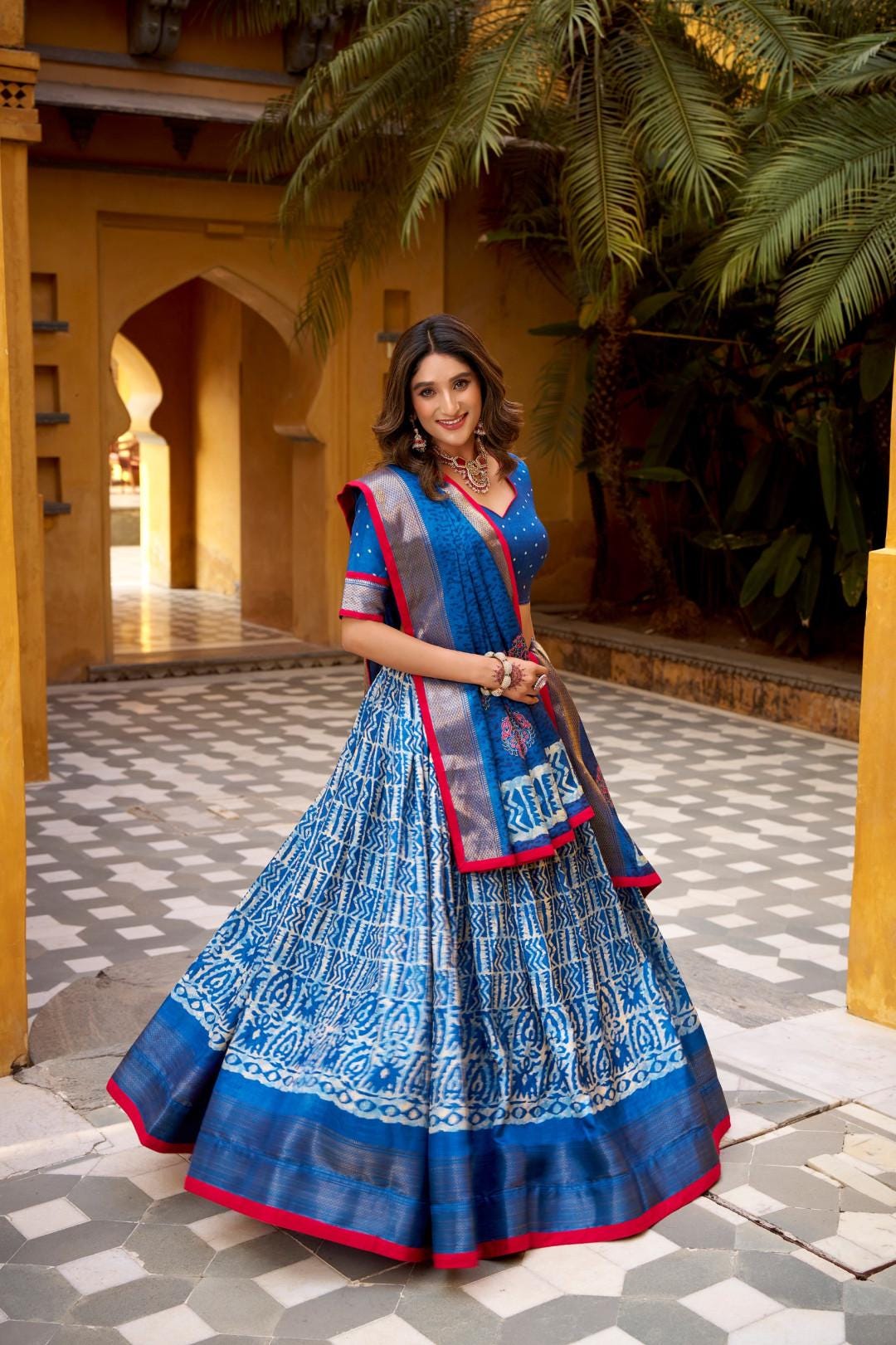 Blue Silk Lehenga Choli Set with Dupatta | Batik Print Indian Wedding Outfit | Festive Mehendi Sangeet Dress