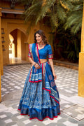 Blue Silk Lehenga Choli Set with Dupatta | Batik Print Indian Wedding Outfit | Festive Mehendi Sangeet Dress