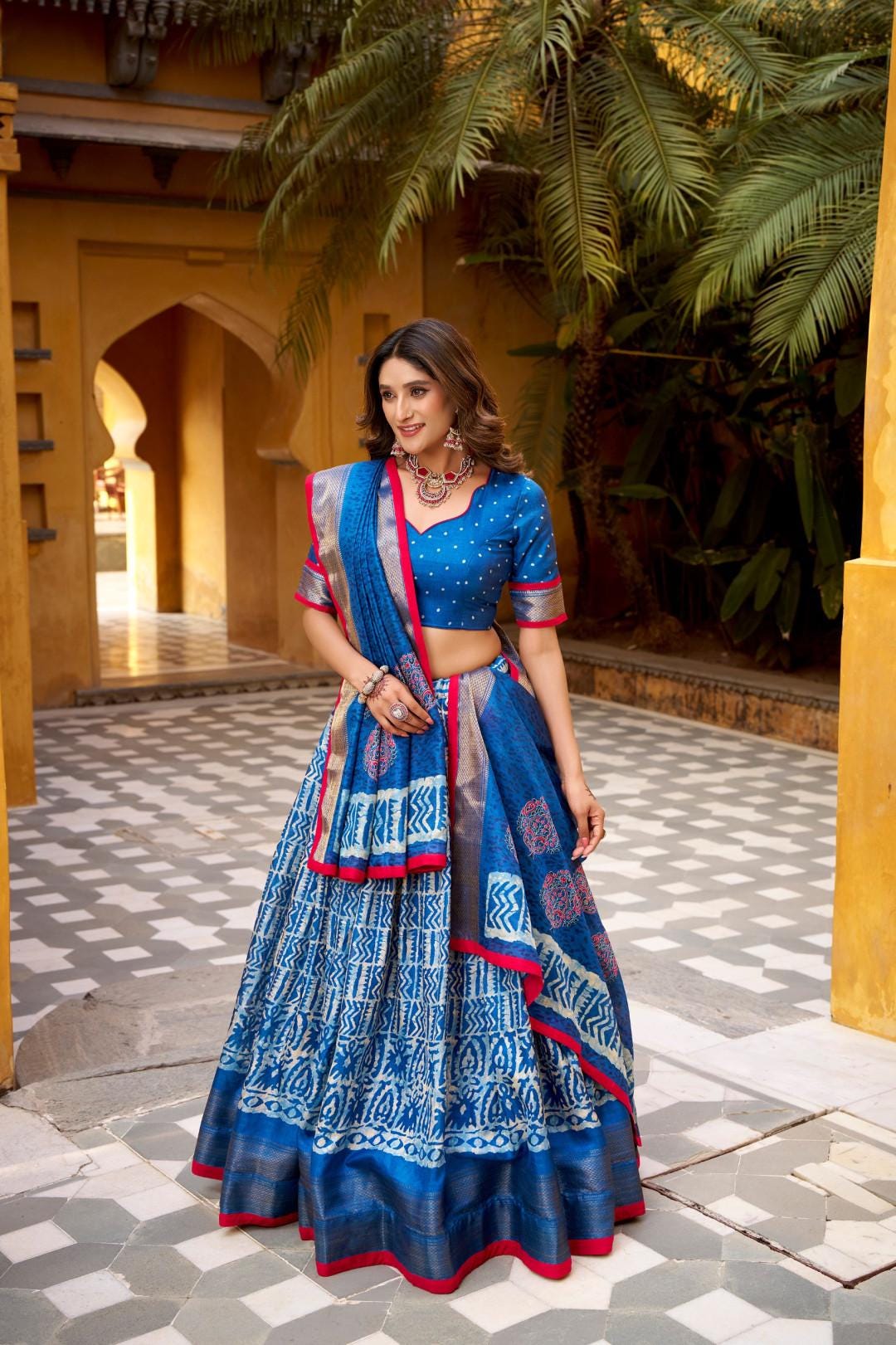 Blue Silk Lehenga Choli Set with Dupatta | Batik Print Indian Wedding Outfit | Festive Mehendi Sangeet Dress