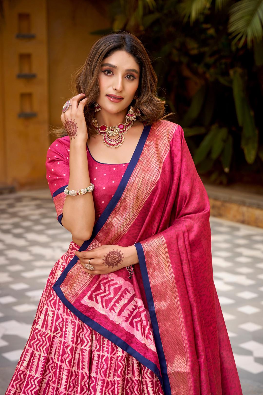 Blue Silk Lehenga Choli Set with Dupatta | Batik Print Indian Wedding Outfit | Festive Mehendi Sangeet Dress