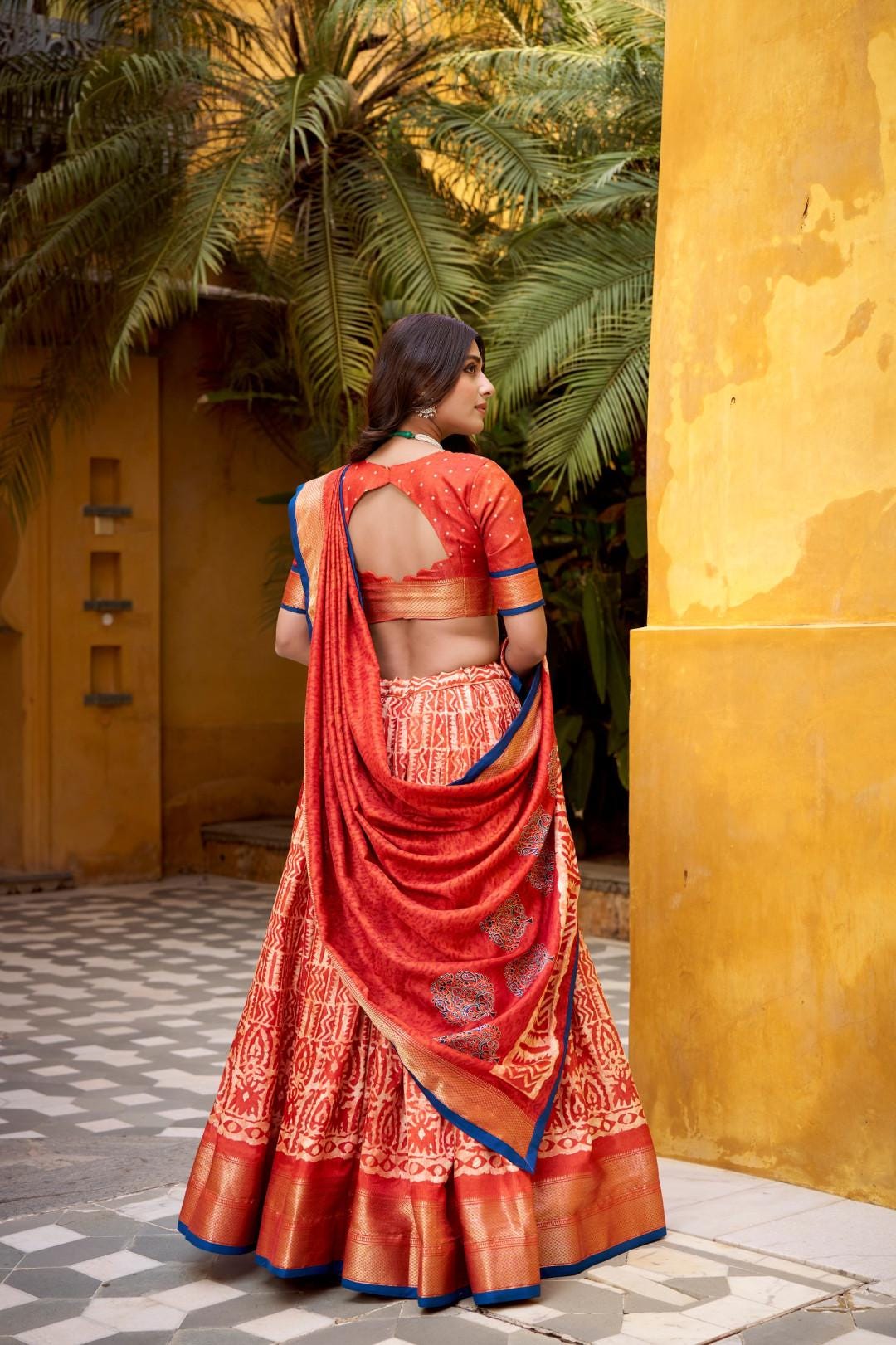 Blue Silk Lehenga Choli Set with Dupatta | Batik Print Indian Wedding Outfit | Festive Mehendi Sangeet Dress