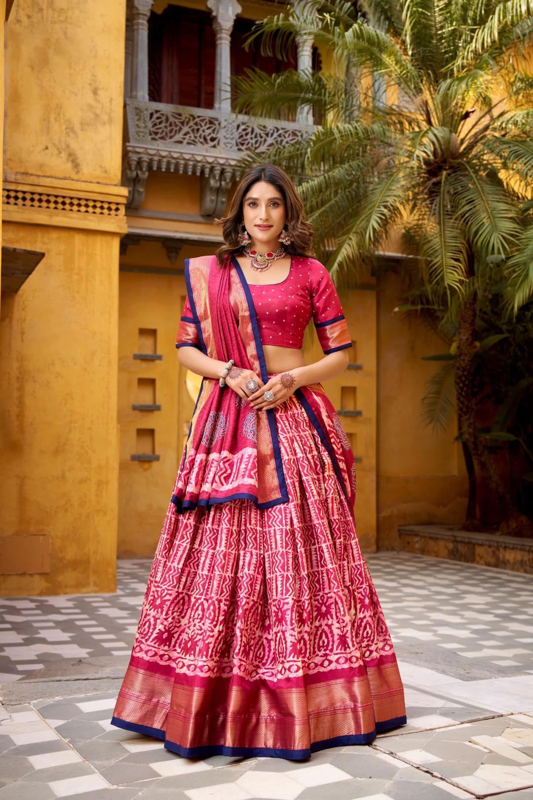 Blue Silk Lehenga Choli Set with Dupatta | Batik Print Indian Wedding Outfit | Festive Mehendi Sangeet Dress