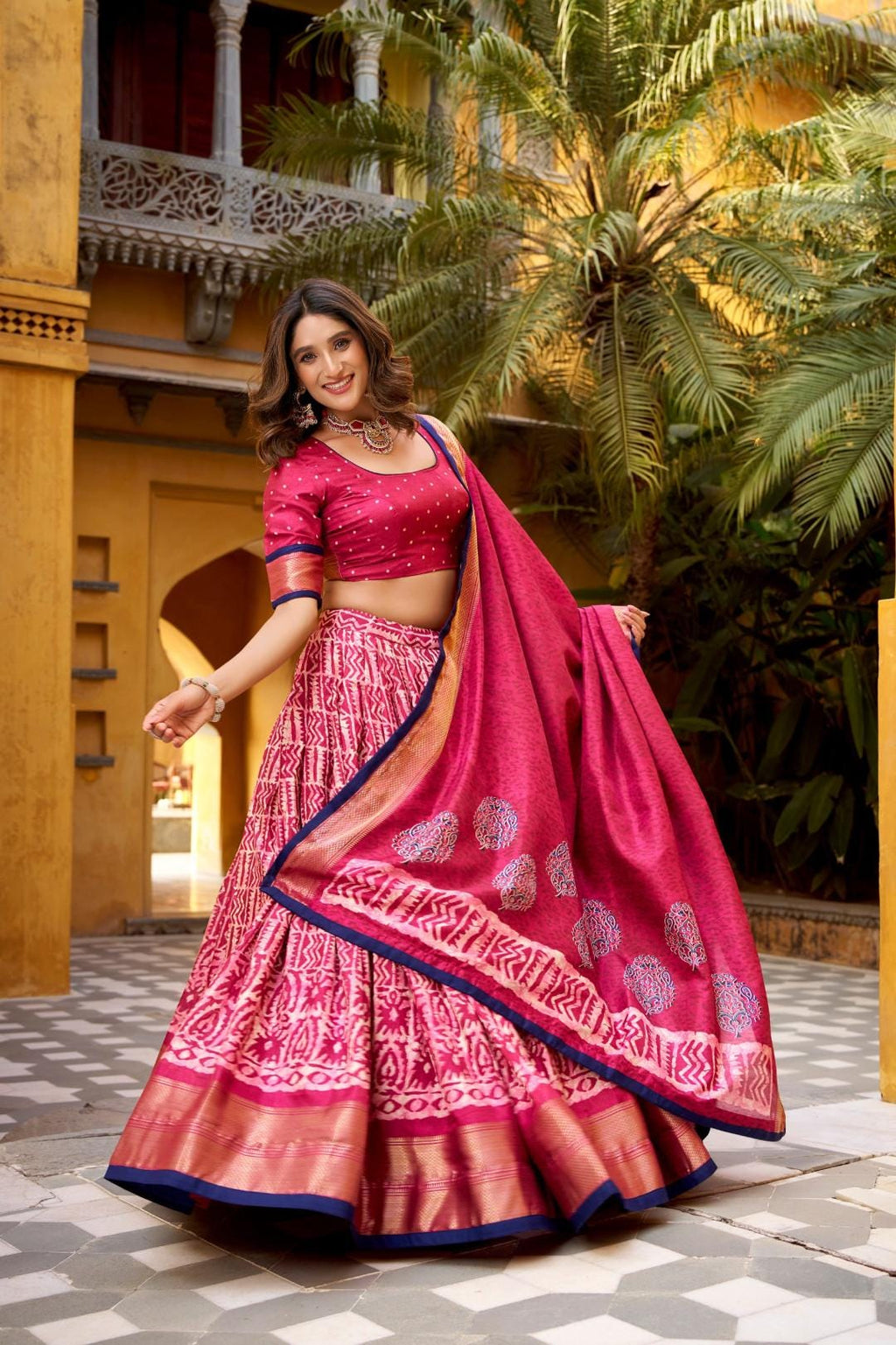Blue Silk Lehenga Choli Set with Dupatta | Batik Print Indian Wedding Outfit | Festive Mehendi Sangeet Dress