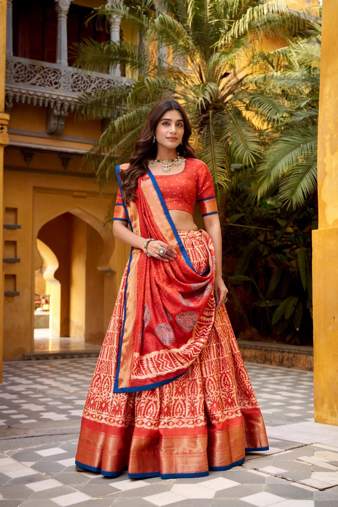 Blue Silk Lehenga Choli Set with Dupatta | Batik Print Indian Wedding Outfit | Festive Mehendi Sangeet Dress