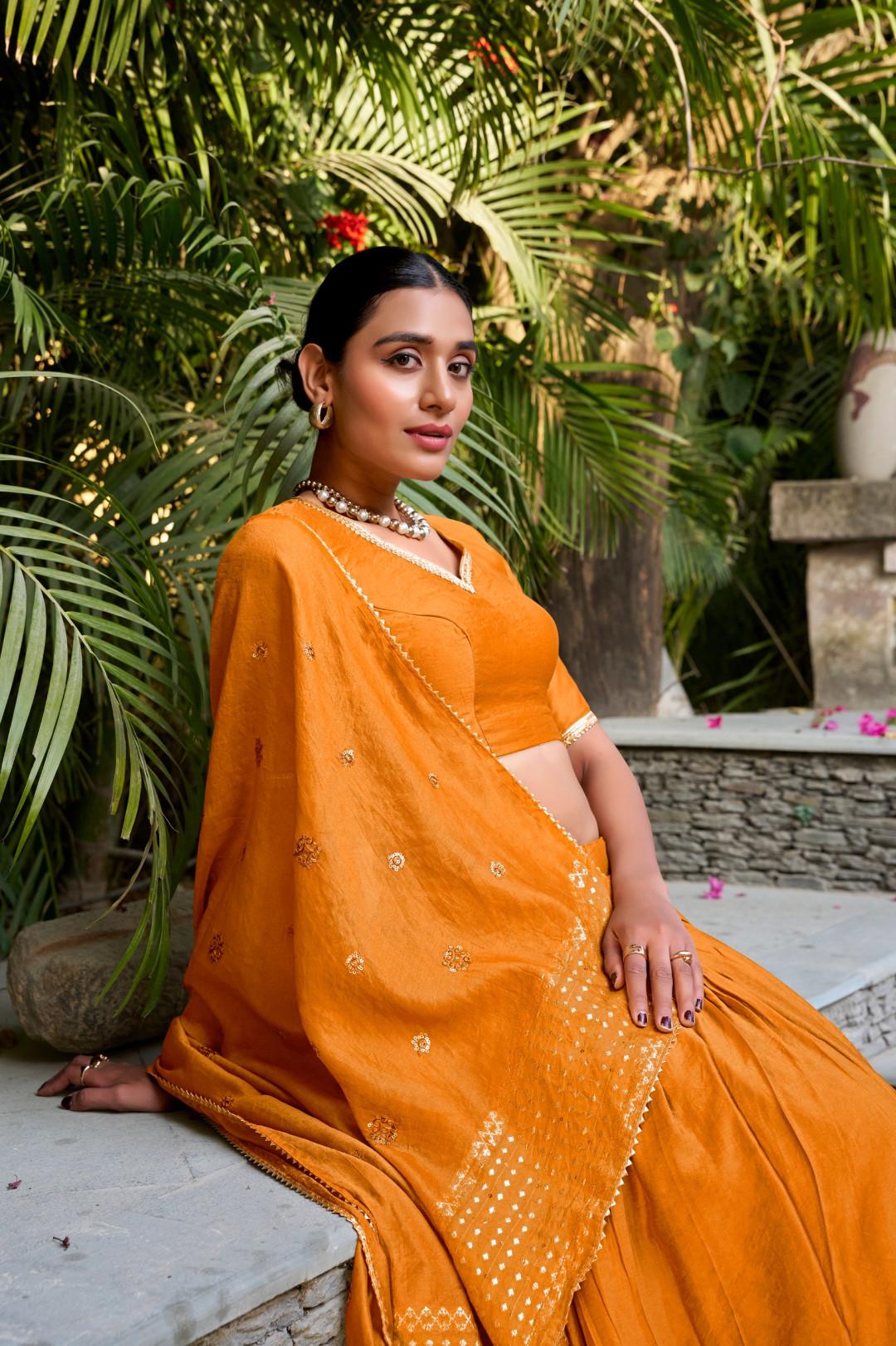 Chanderi Silk Lehenga Choli Set with Dupatta | Indian Wedding Outfit | Elegant Mehendi Sangeet Dress