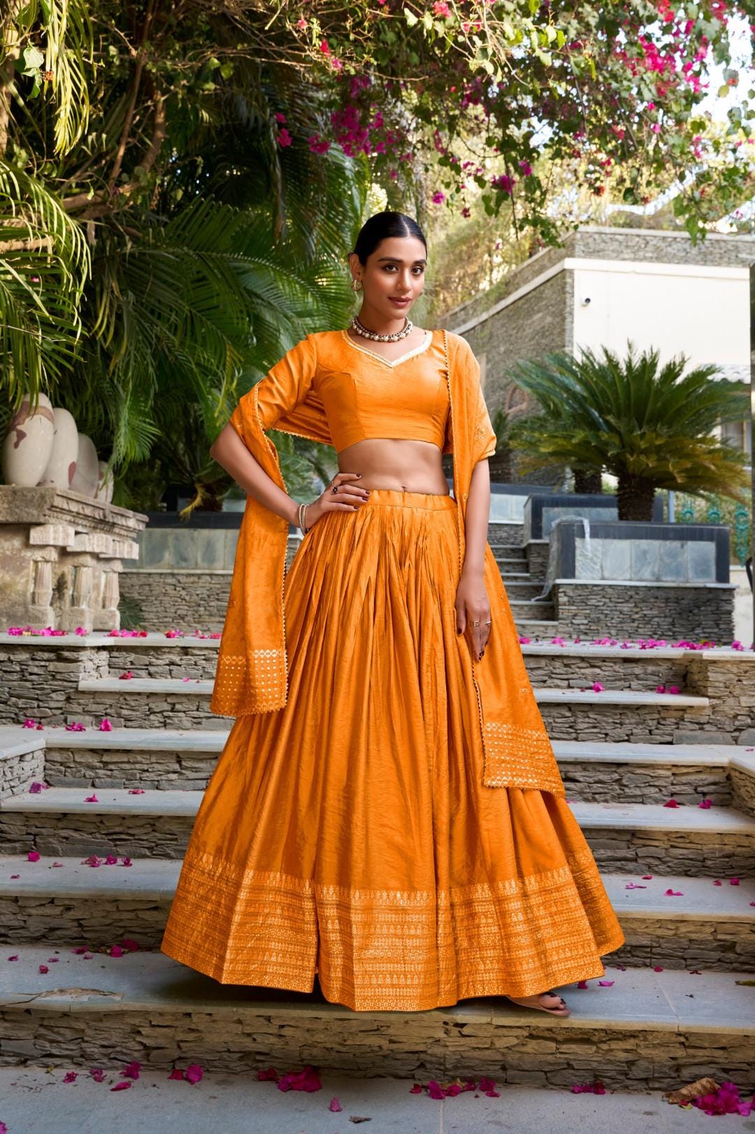 Chanderi Silk Lehenga Choli Set with Dupatta | Indian Wedding Outfit | Elegant Mehendi Sangeet Dress