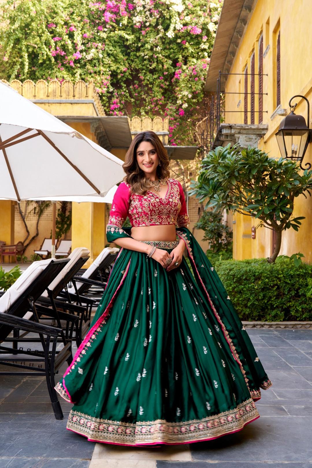 Dark Green Satin Silk Lehenga Choli Set with Stitched Blouse & Dupatta | Indian Wedding Outfit | Sequin Embroidered Festive Dress