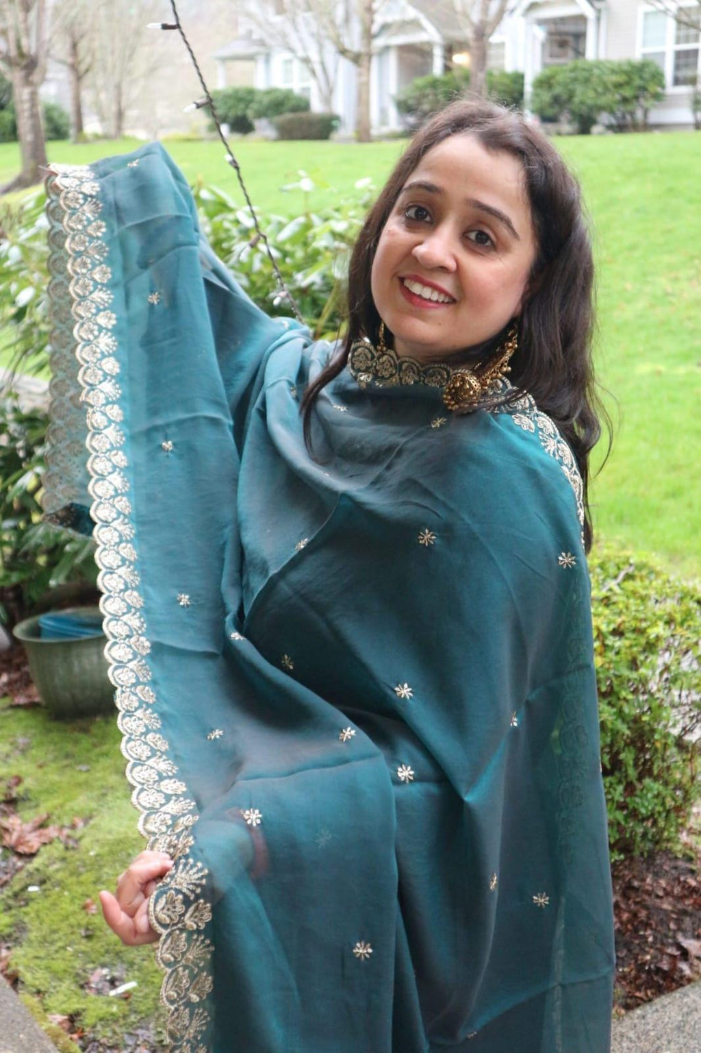Turquoise colour shimmer Organza Dupatta