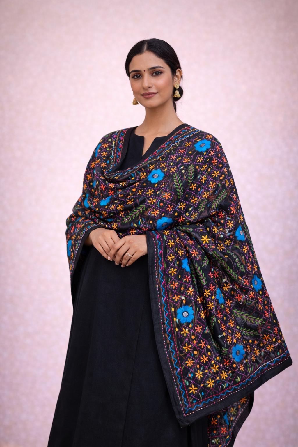Black Kantha work Dupatta with Mirror Work | Indian Ethnic Dupatta | Festive Wedding Dupatta | Traditional Indian Scarf