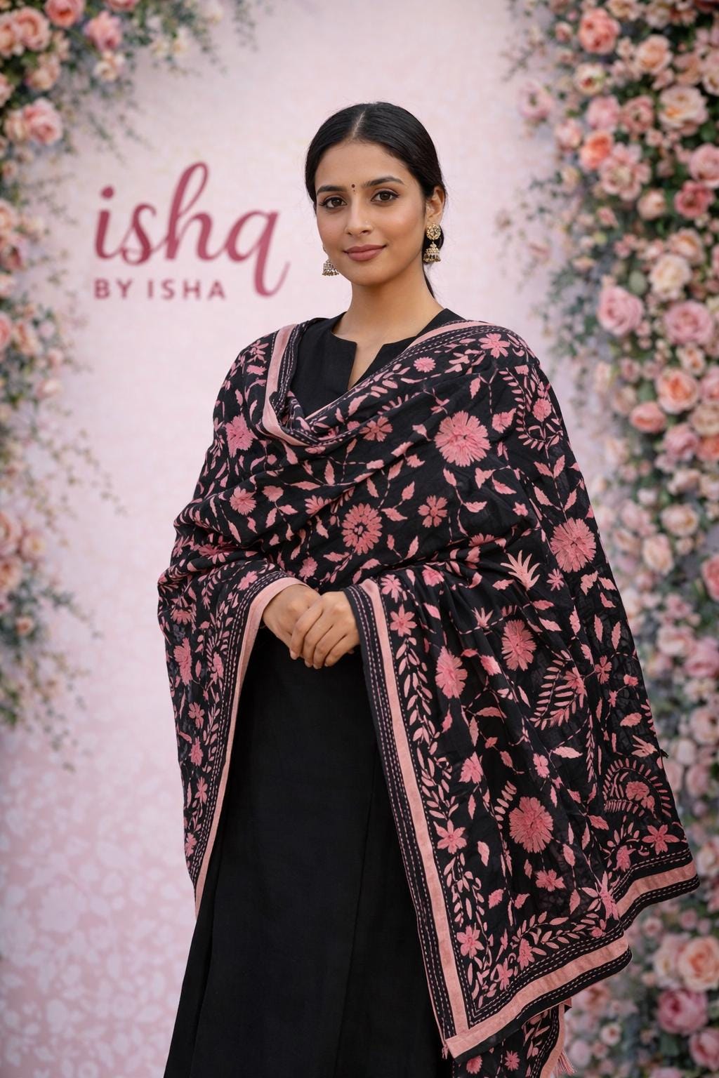 Black Kantha Work Dupatta with Mirror Work | Indian Ethnic Festive Scarf