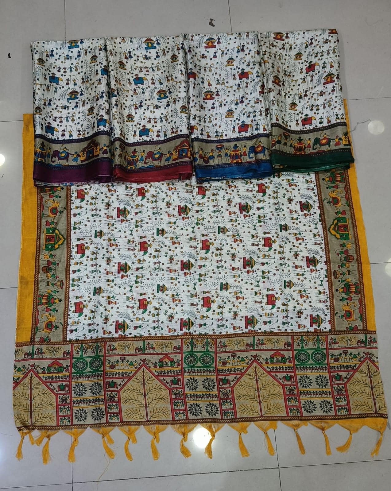 Handcrafted Chinnon Folk Art Dupatta | Indian Village Print Dupatta with Tassels | Ethnic Boho Scarf | Statement Dupatta | Ishq by Isha