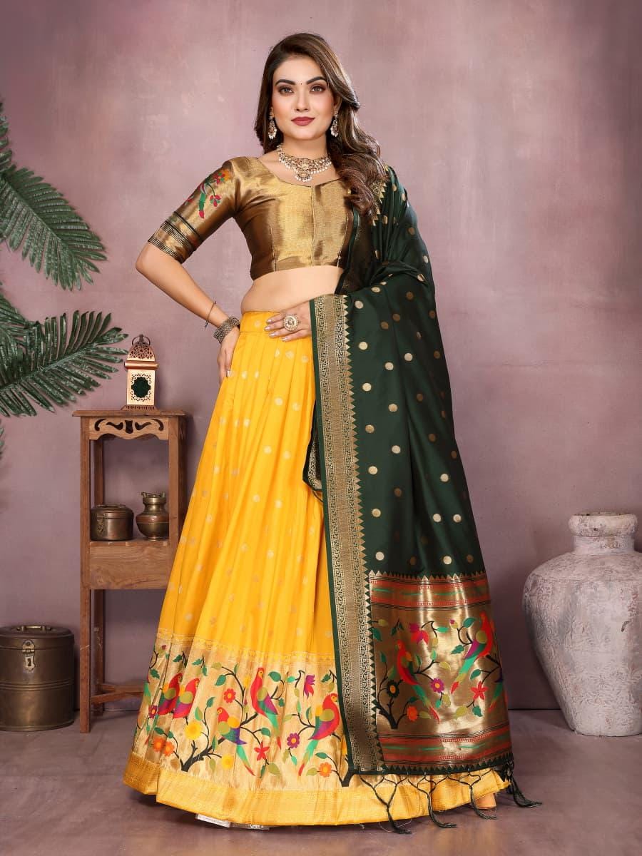 Jacquard paithani silk lehenga with zari weaving work | Indian Wedding Outfit, Mehendi Sangeet Dress