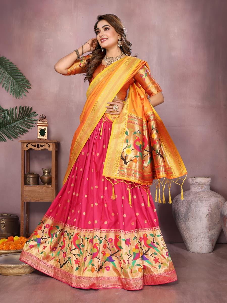 Jacquard paithani silk lehenga with zari weaving work | Indian Wedding Outfit, Mehendi Sangeet Dress