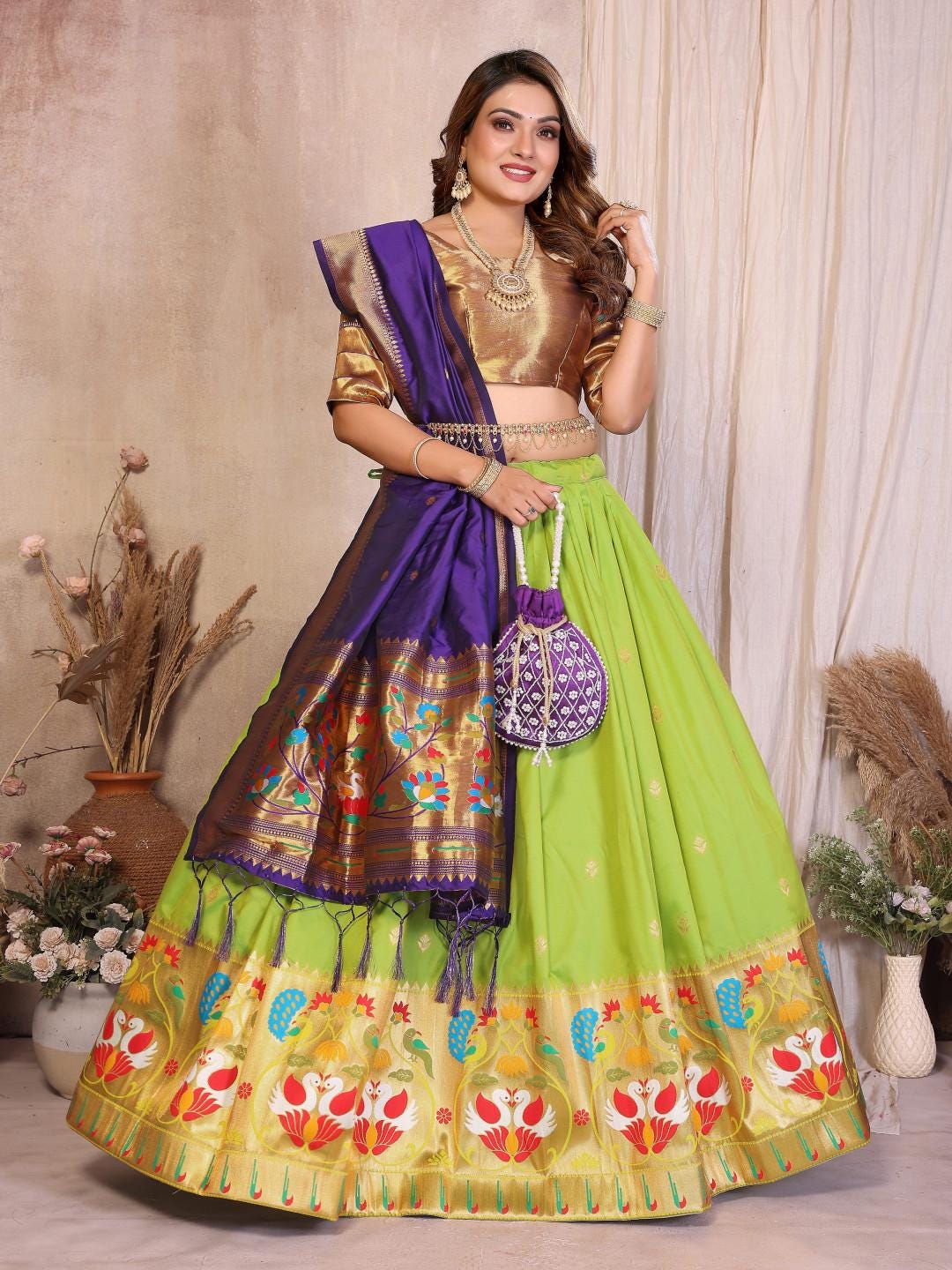 Jacquard paithani silk lehenga with zari weaving work | Indian Wedding Outfit, Mehendi Sangeet Dress