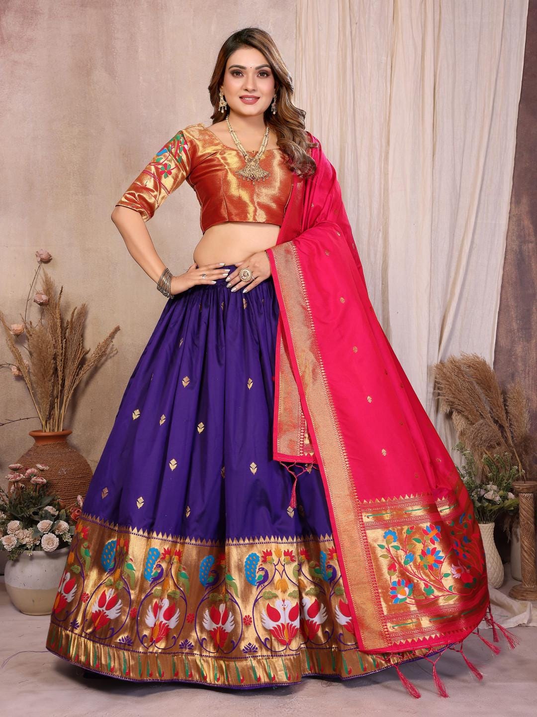 Jacquard paithani silk lehenga with zari weaving work | Indian Wedding Outfit, Mehendi Sangeet Dress
