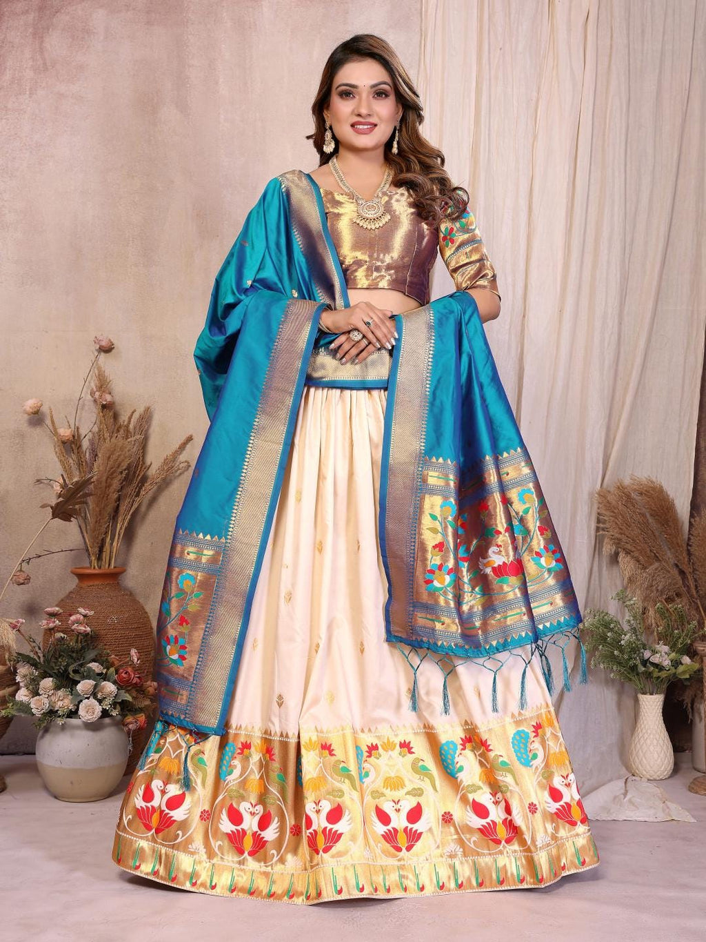 Jacquard paithani silk lehenga with zari weaving work | Indian Wedding Outfit, Mehendi Sangeet Dress