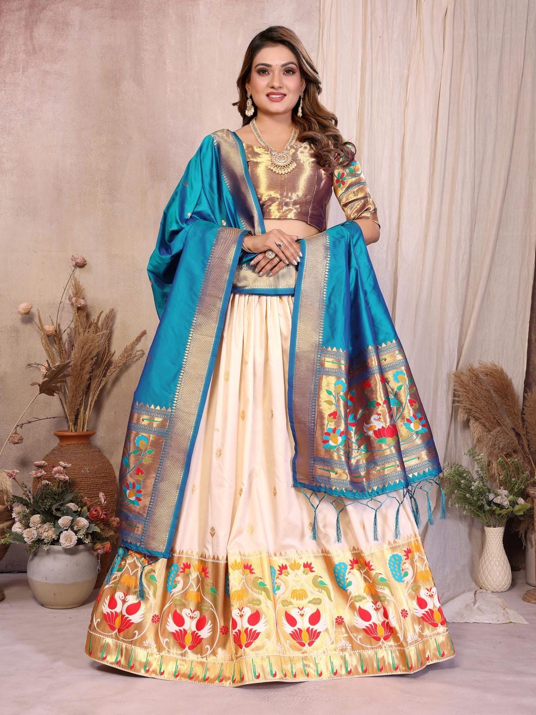Jacquard paithani silk lehenga with zari weaving work | Indian Wedding Outfit, Mehendi Sangeet Dress