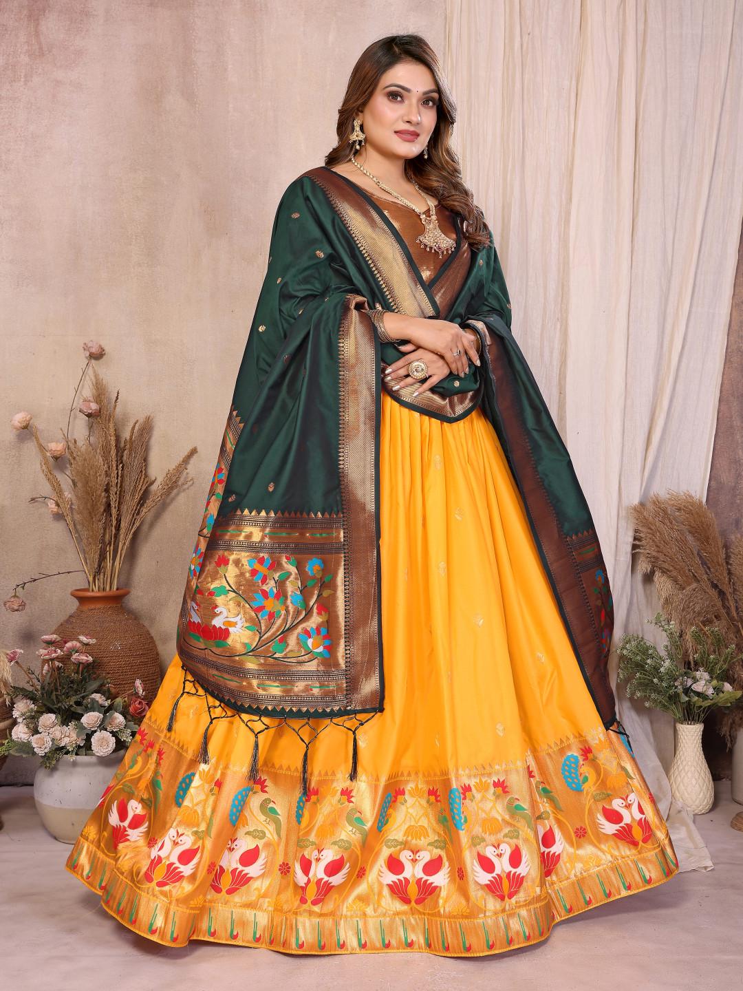 Jacquard paithani silk lehenga with zari weaving work | Indian Wedding Outfit, Mehendi Sangeet Dress
