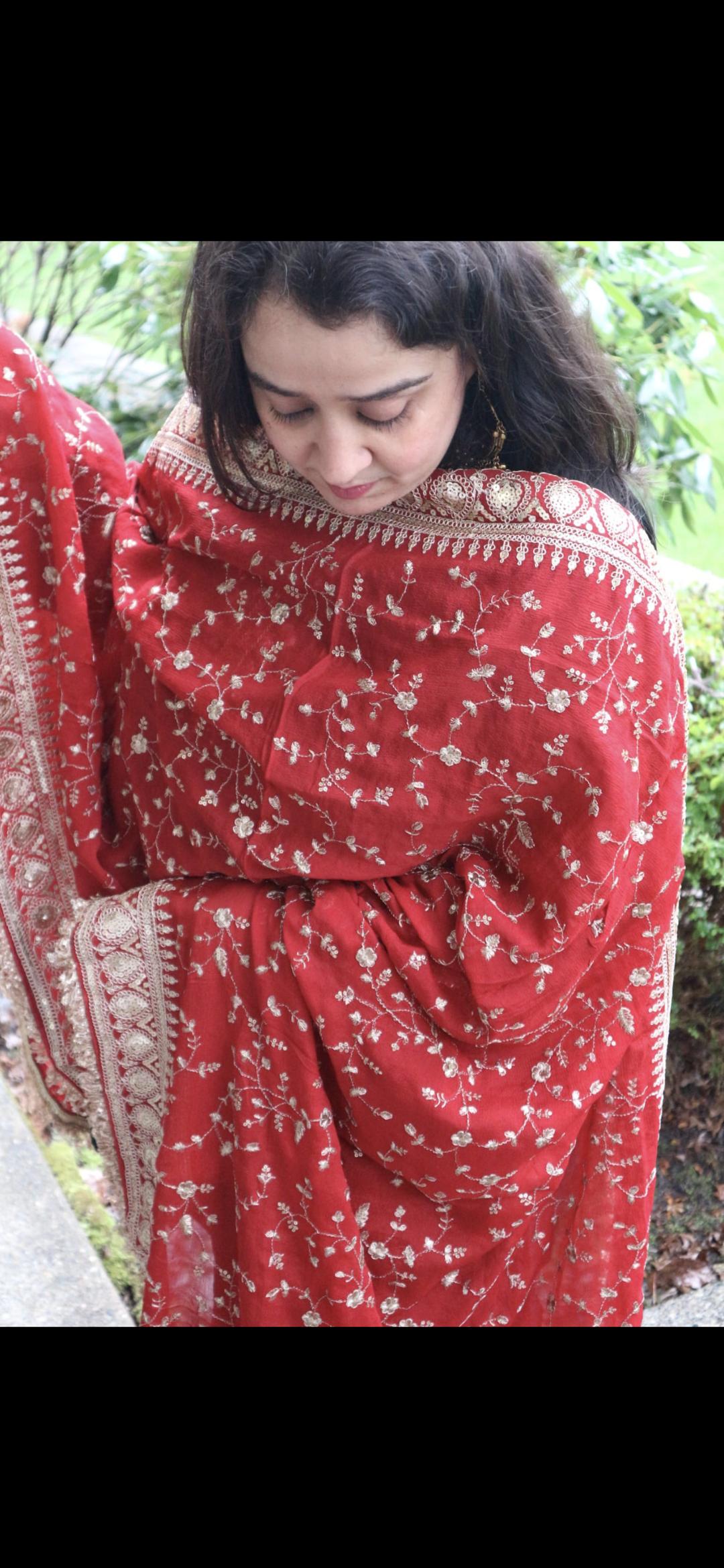 Red Gold Embroidered DupattaRed Gold Embroidered Dupatta | Indian Wedding Dupatta | Festive Ethnic Dupatta | Floral Zari Designer Dupatta