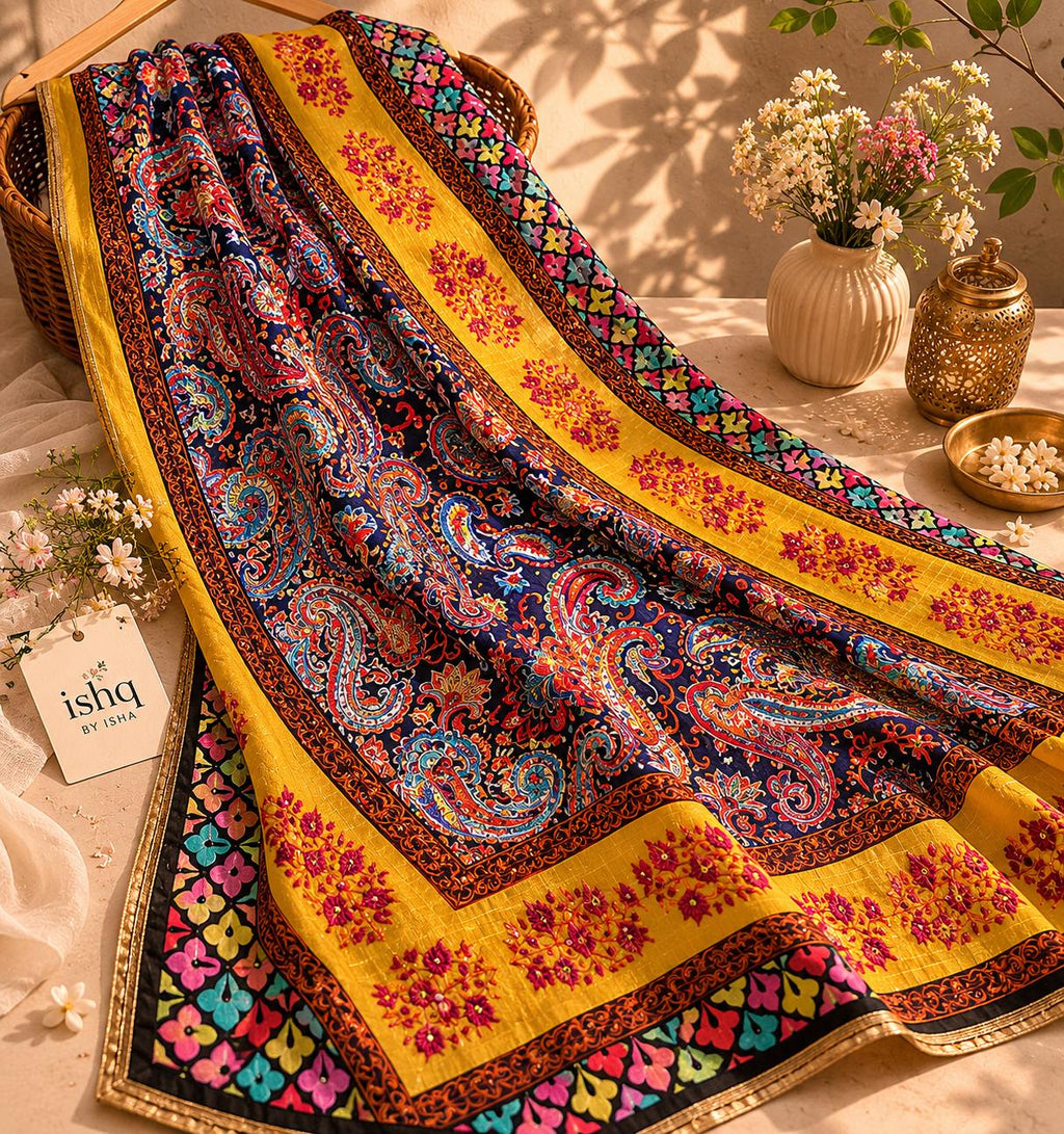 Boho Paisley Chinnon Dupatta for Women | Colorful Ethnic Dupatta with Thread Work | Kashmiri Inspired Floral Dupatta | Ishq by Isha