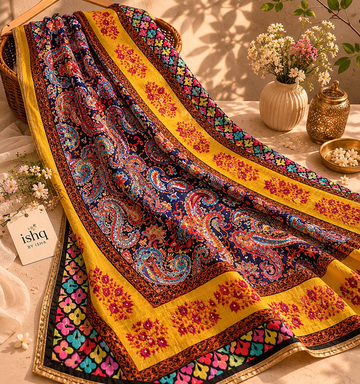 Boho Paisley Chinnon Dupatta for Women | Colorful Ethnic Dupatta with Thread Work | Kashmiri Inspired Floral Dupatta | Ishq by Isha