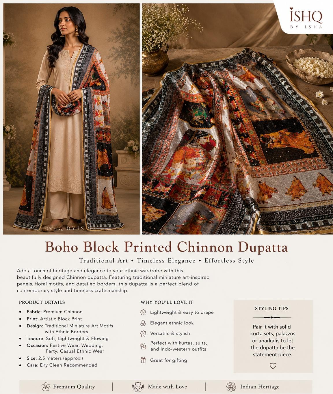 Boho Block Printed Chinnon Dupatta | Indian Ethnic Dupatta for Women | Traditional Art Inspired Dupatta | Lightweight Festive Dupatta