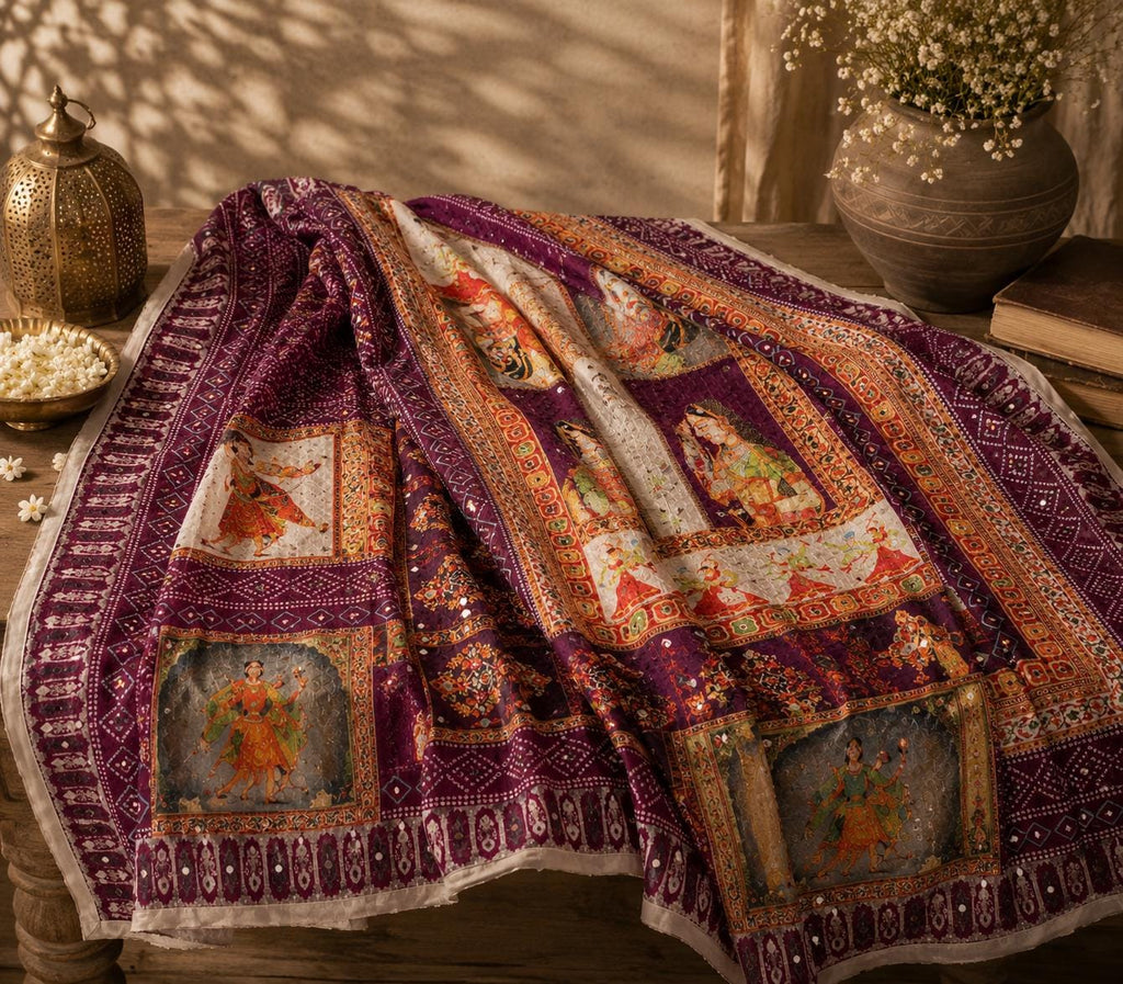 Boho Printed Chinnon Dupatta | Indian Ethnic Dupatta for Women | Traditional Art Inspired Dupatta | Lightweight Festive Dupatta