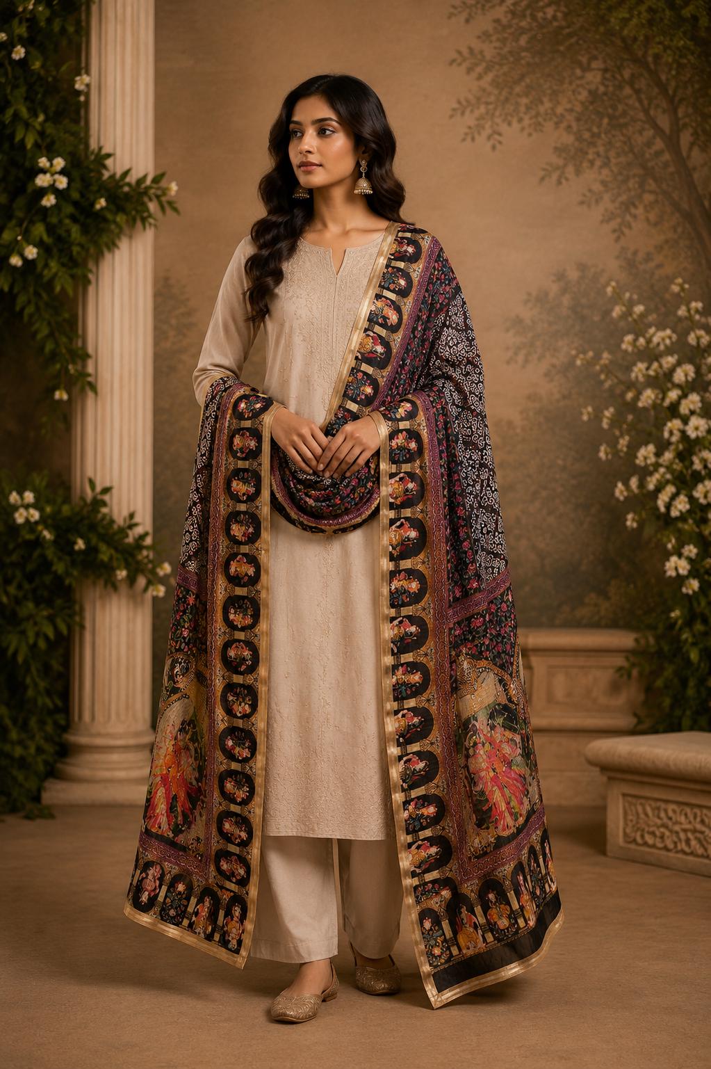 Boho Block Printed Chinnon Dupatta | Indian Ethnic Dupatta for Women | Traditional Art Inspired Dupatta | Lightweight Festive Dupatta