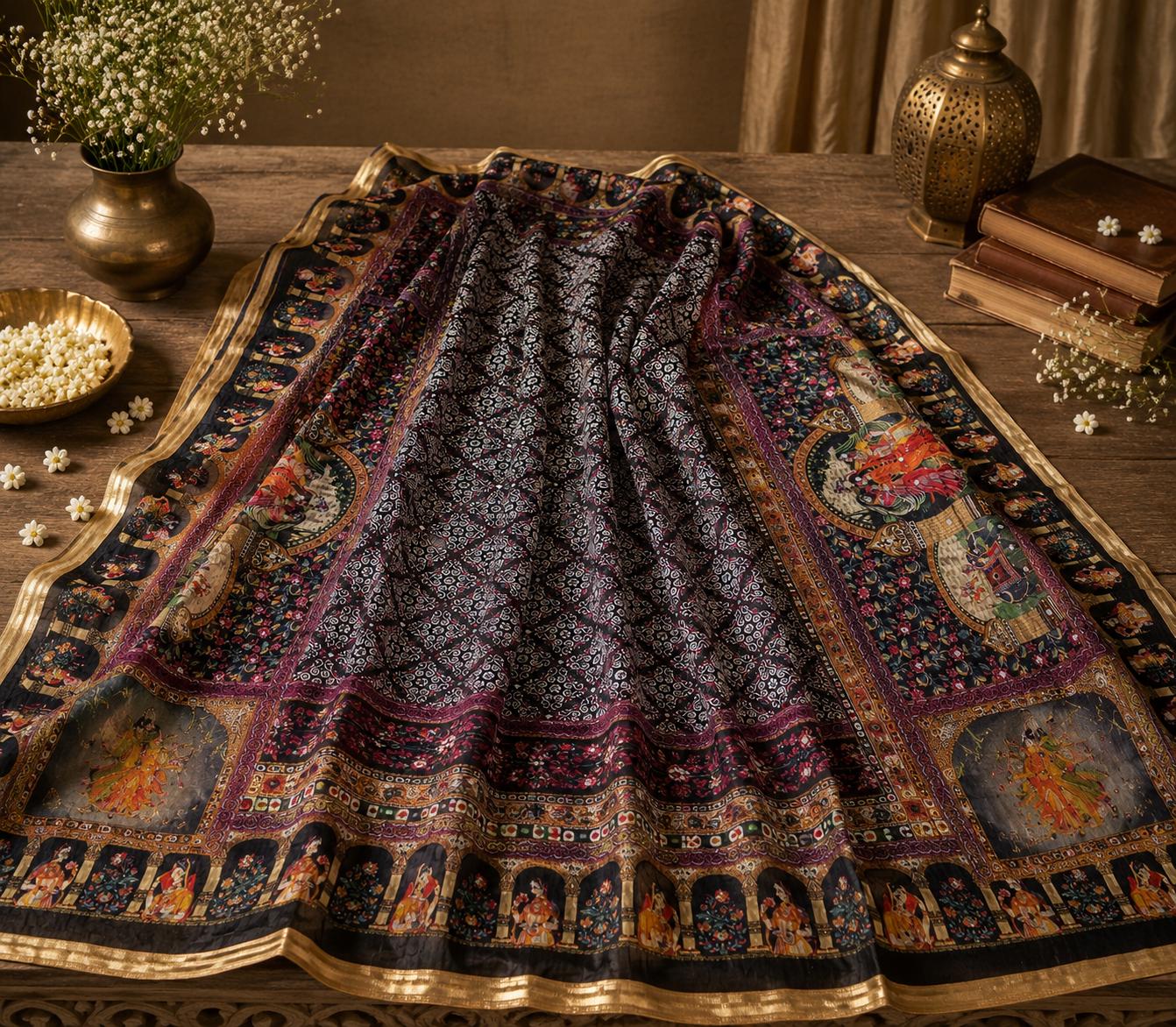Boho Block Printed Chinnon Dupatta | Indian Ethnic Dupatta for Women | Traditional Art Inspired Dupatta | Lightweight Festive Dupatta