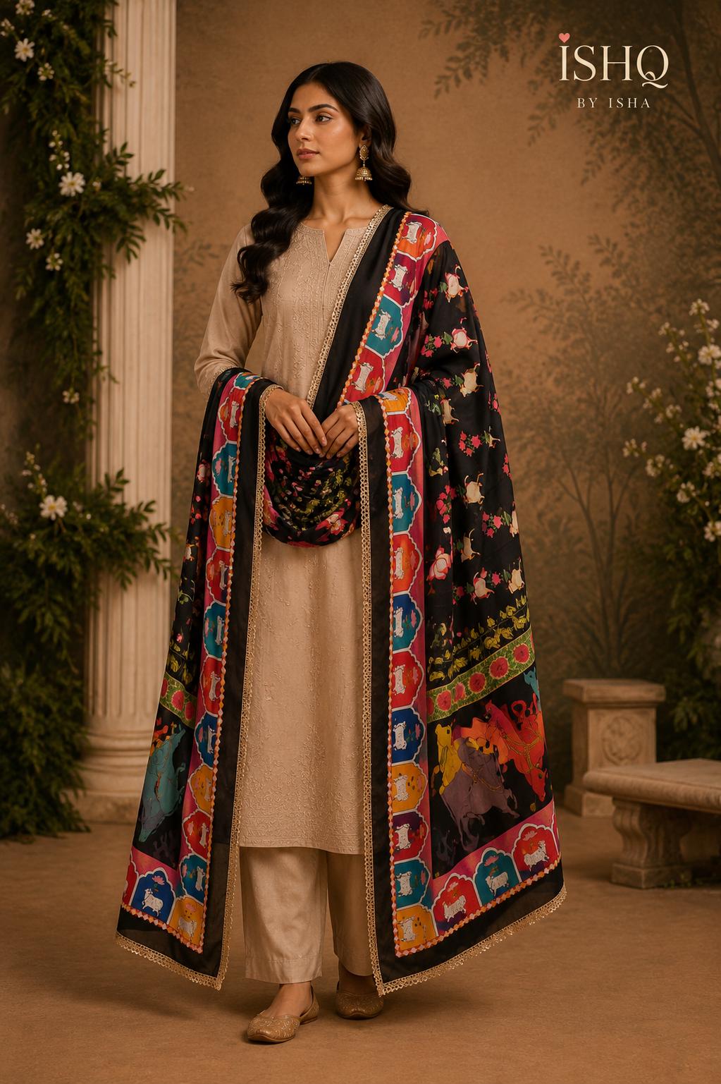Boho black Printed Chinnon Dupatta | Indian Ethnic Dupatta for Women | Traditional Art Inspired Dupatta | Lightweight Festive Dupatta