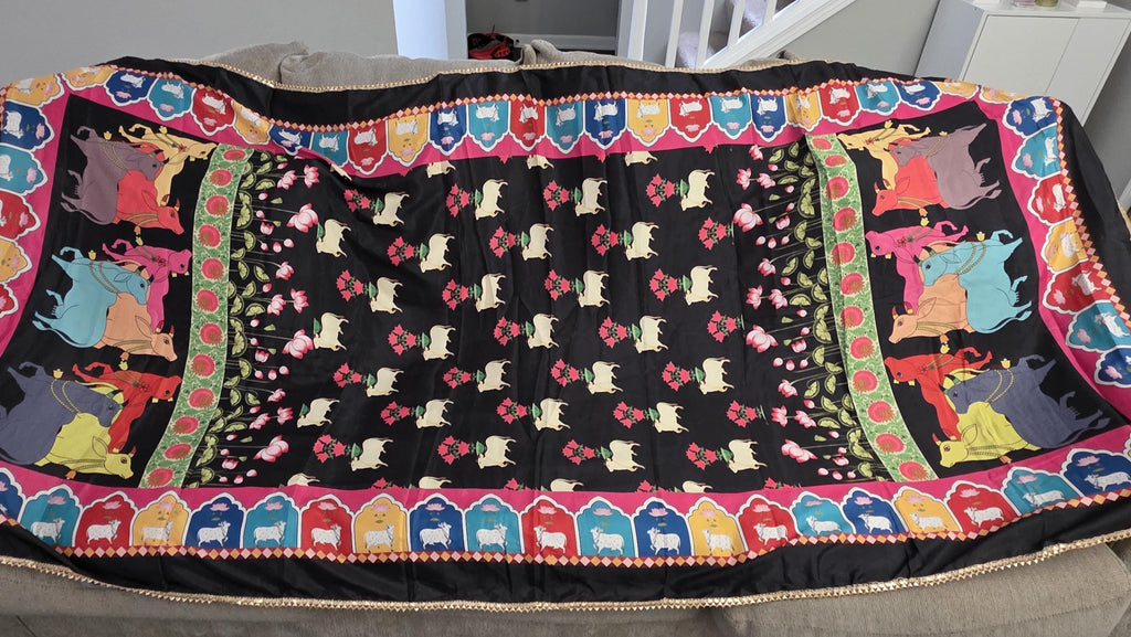 Boho black Printed Chinnon Dupatta | Indian Ethnic Dupatta for Women | Traditional Art Inspired Dupatta | Lightweight Festive Dupatta
