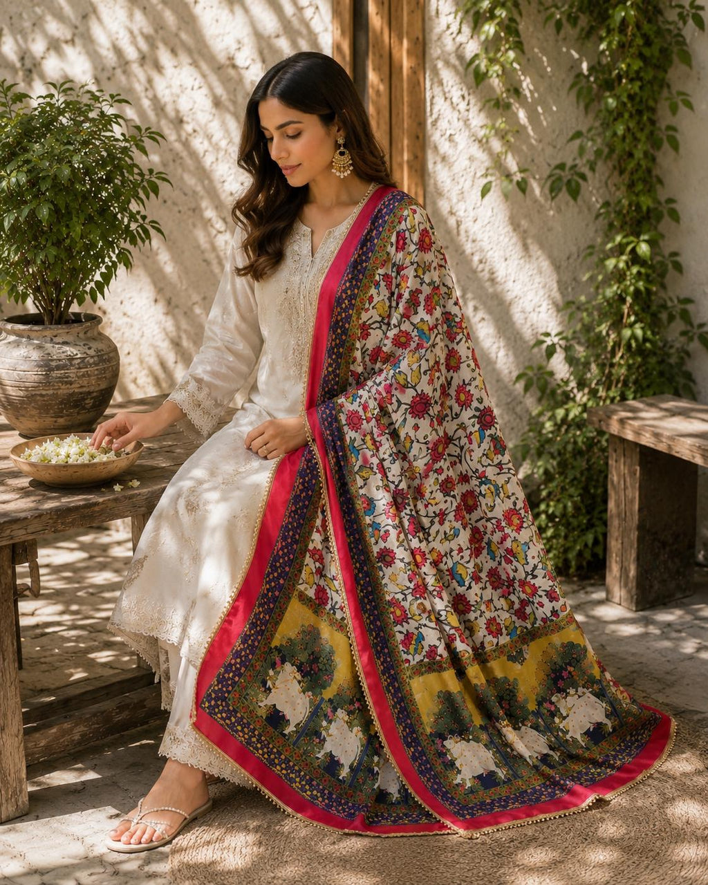Boho white Printed Chinnon Dupatta | Indian Ethnic Dupatta for Women | Traditional Art Inspired Dupatta | Lightweight Festive Dupatta