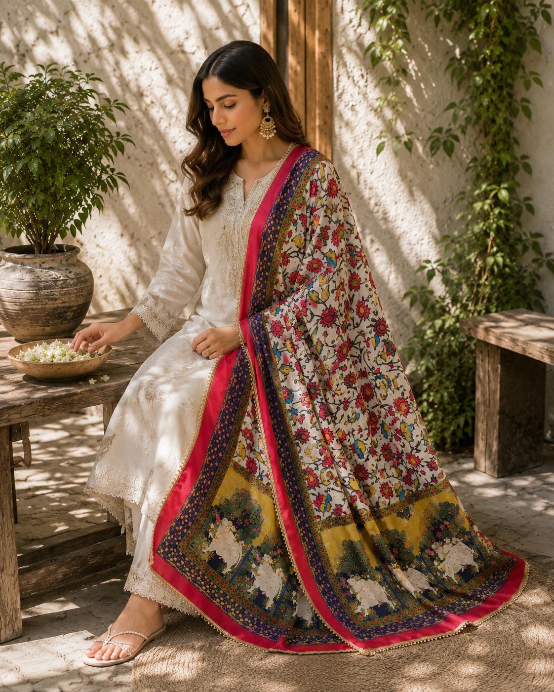 Boho white Printed Chinnon Dupatta | Indian Ethnic Dupatta for Women | Traditional Art Inspired Dupatta | Lightweight Festive Dupatta