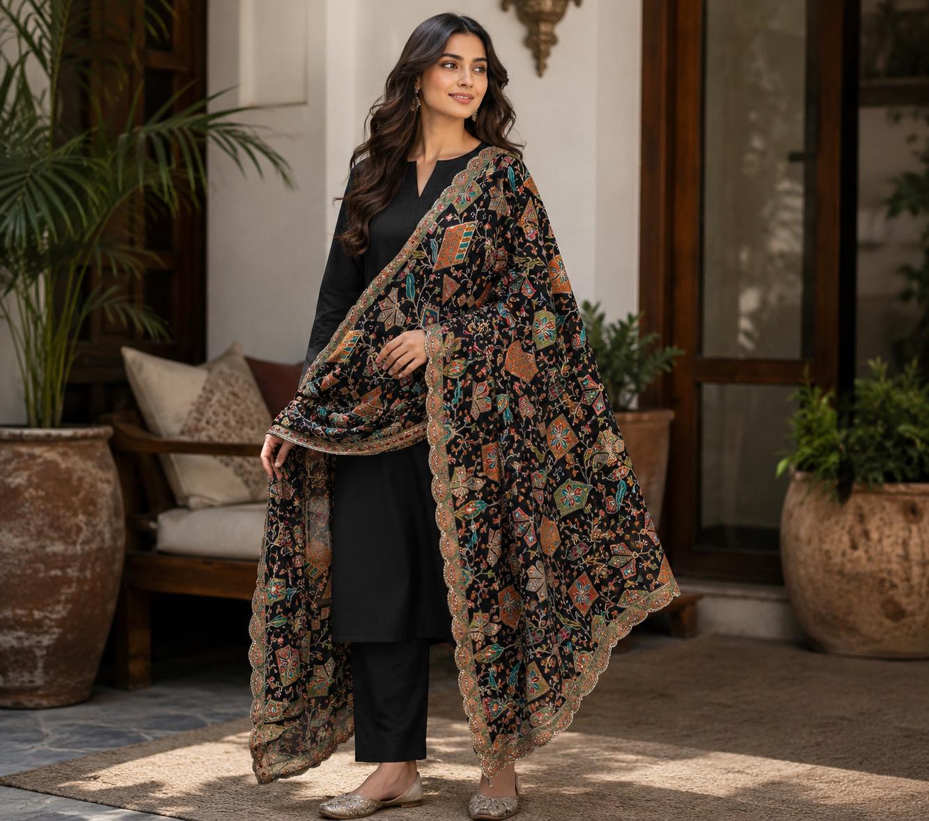 Black Embroidered Georgette Dupatta | Handmade Ethnic Dupatta | Festive Indian Dupatta | Wedding & Party